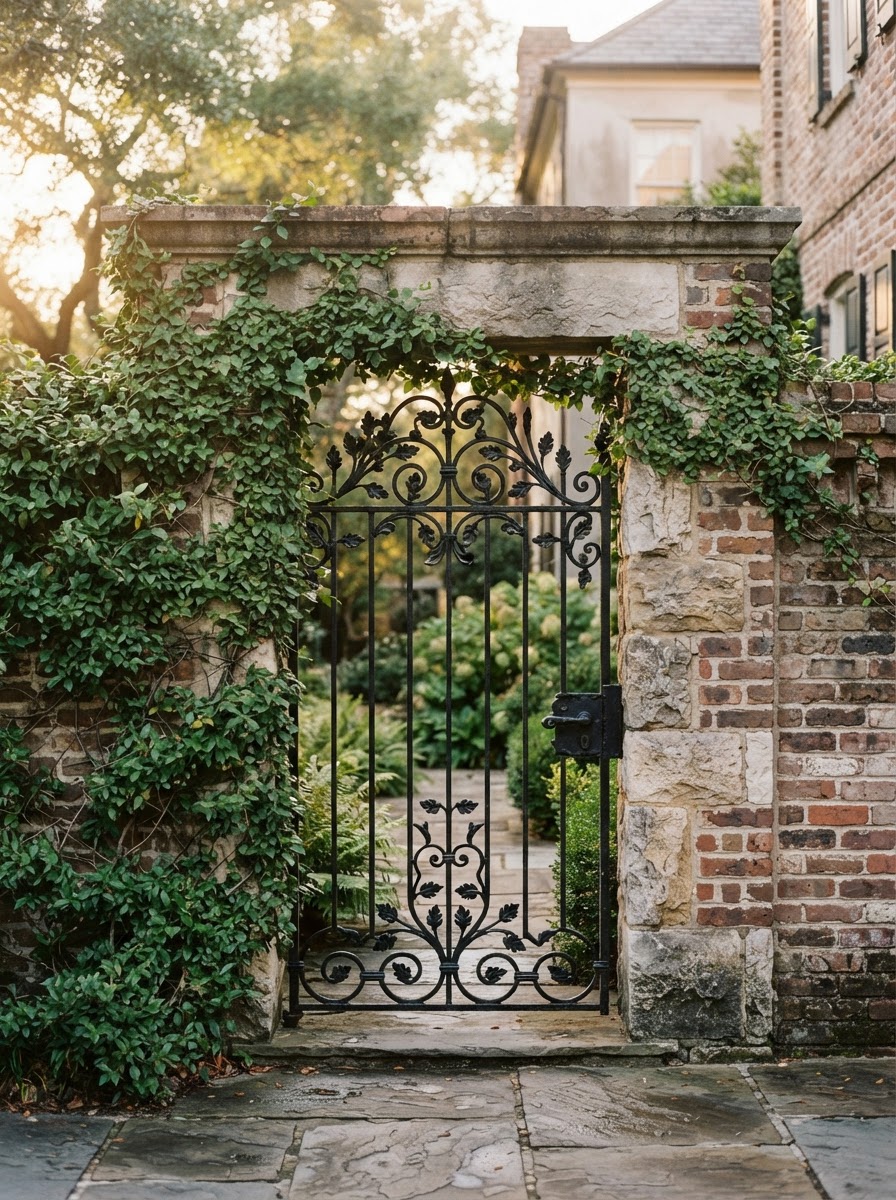 Masonry wall and wrought-iron gate detail with climbing ivy