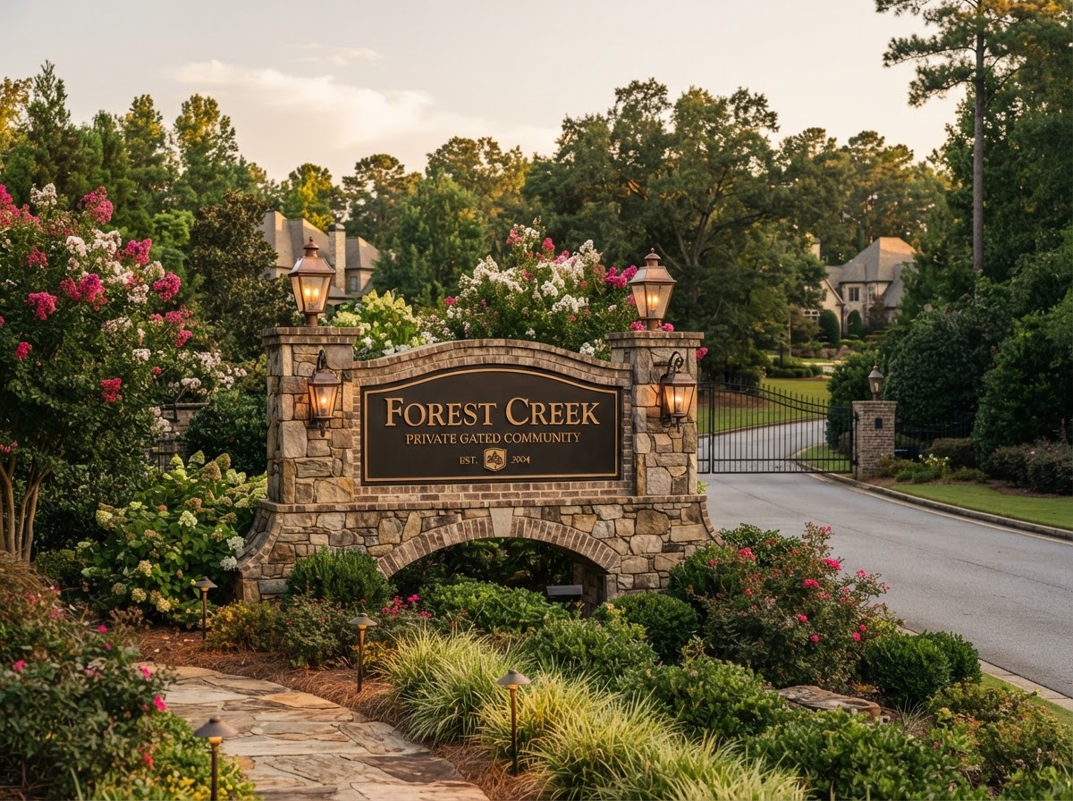 Stone and brick entrance monument with antique-gold Forest Creek signage