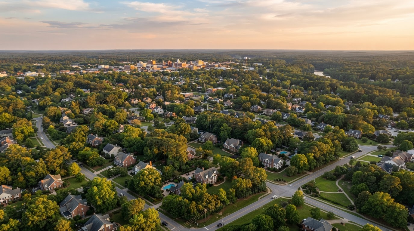 Aerial view of the Fayetteville, North Carolina area at golden hour