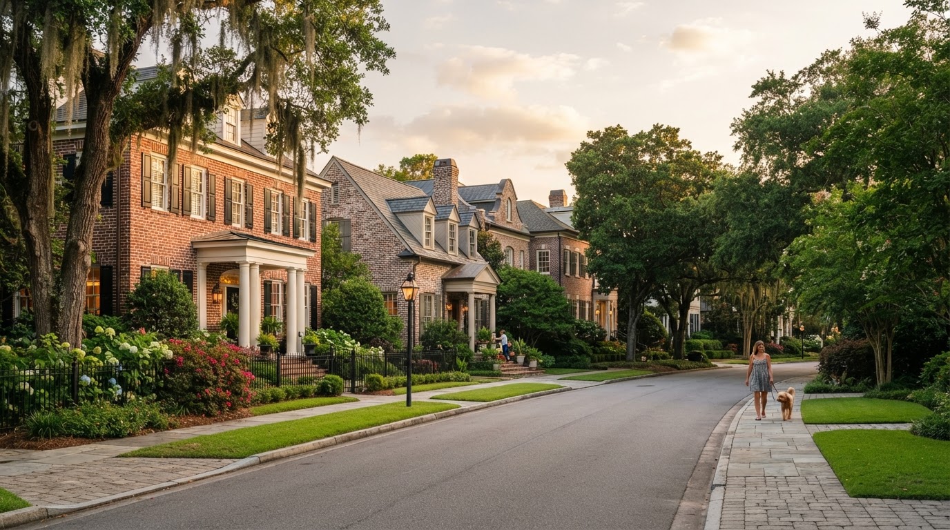 Architectural streetscape of elegant custom homes at golden hour