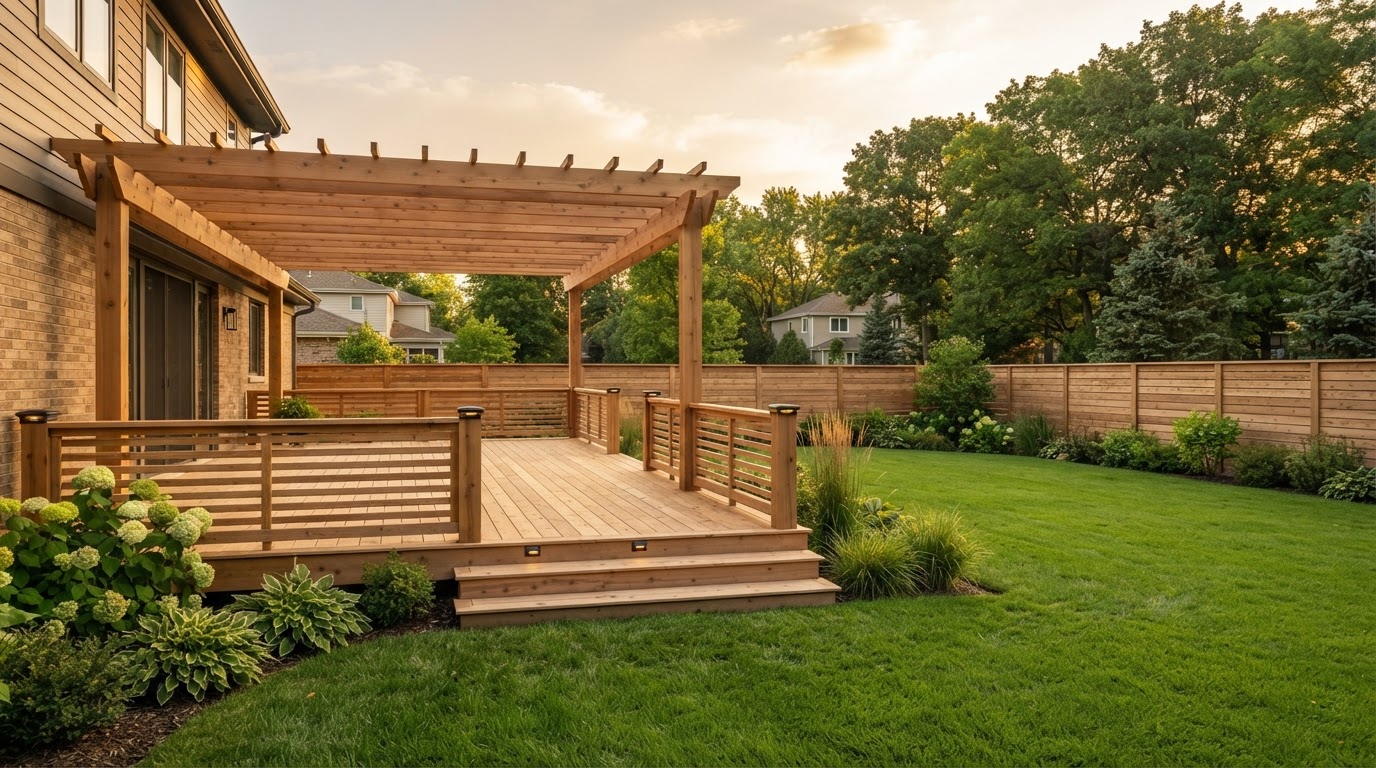 Finished residential outdoor space featuring a custom wooden deck, pergola, and privacy fence