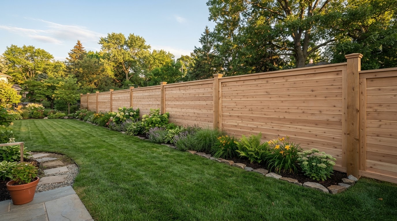 Representative photo of a finished natural wood privacy fence in a residential backyard