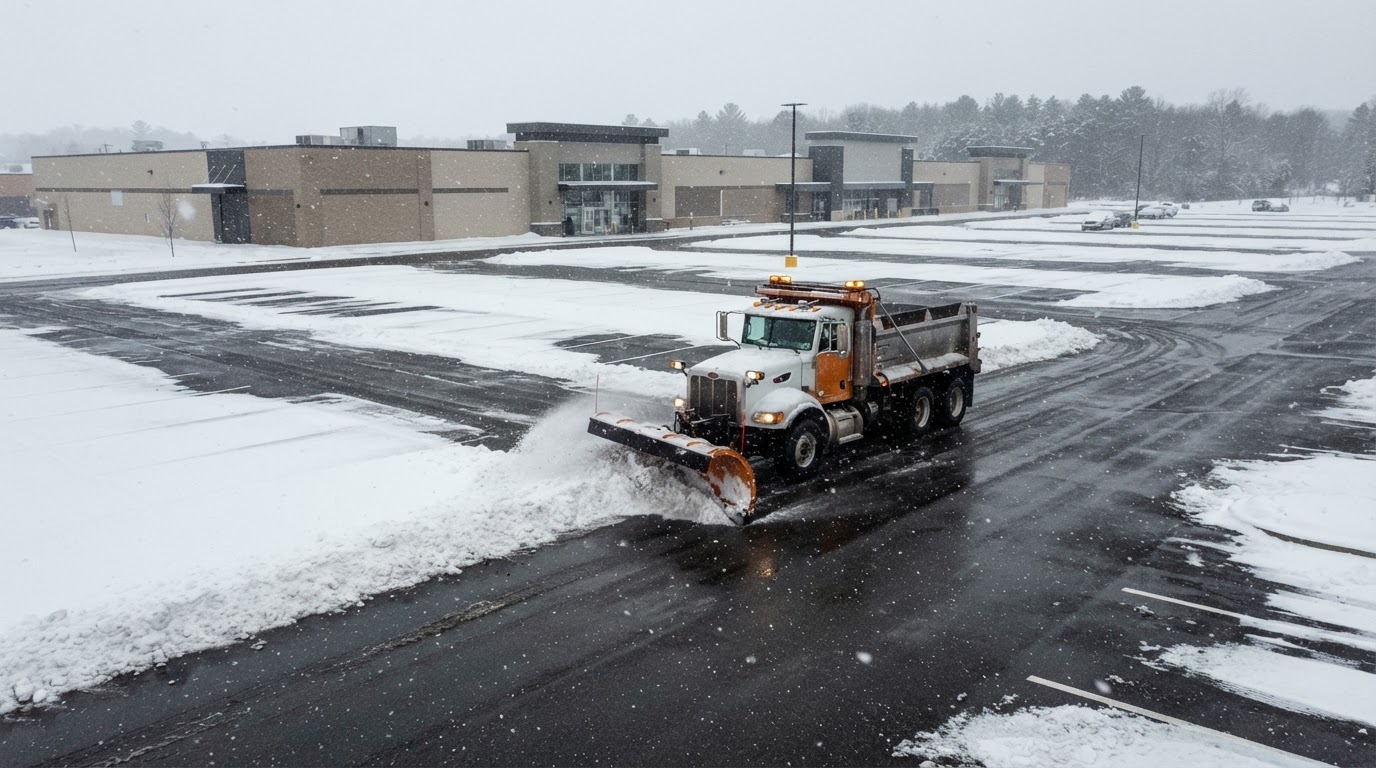 Snowplow truck clearing snow from a large commercial parking lot during light snowfall