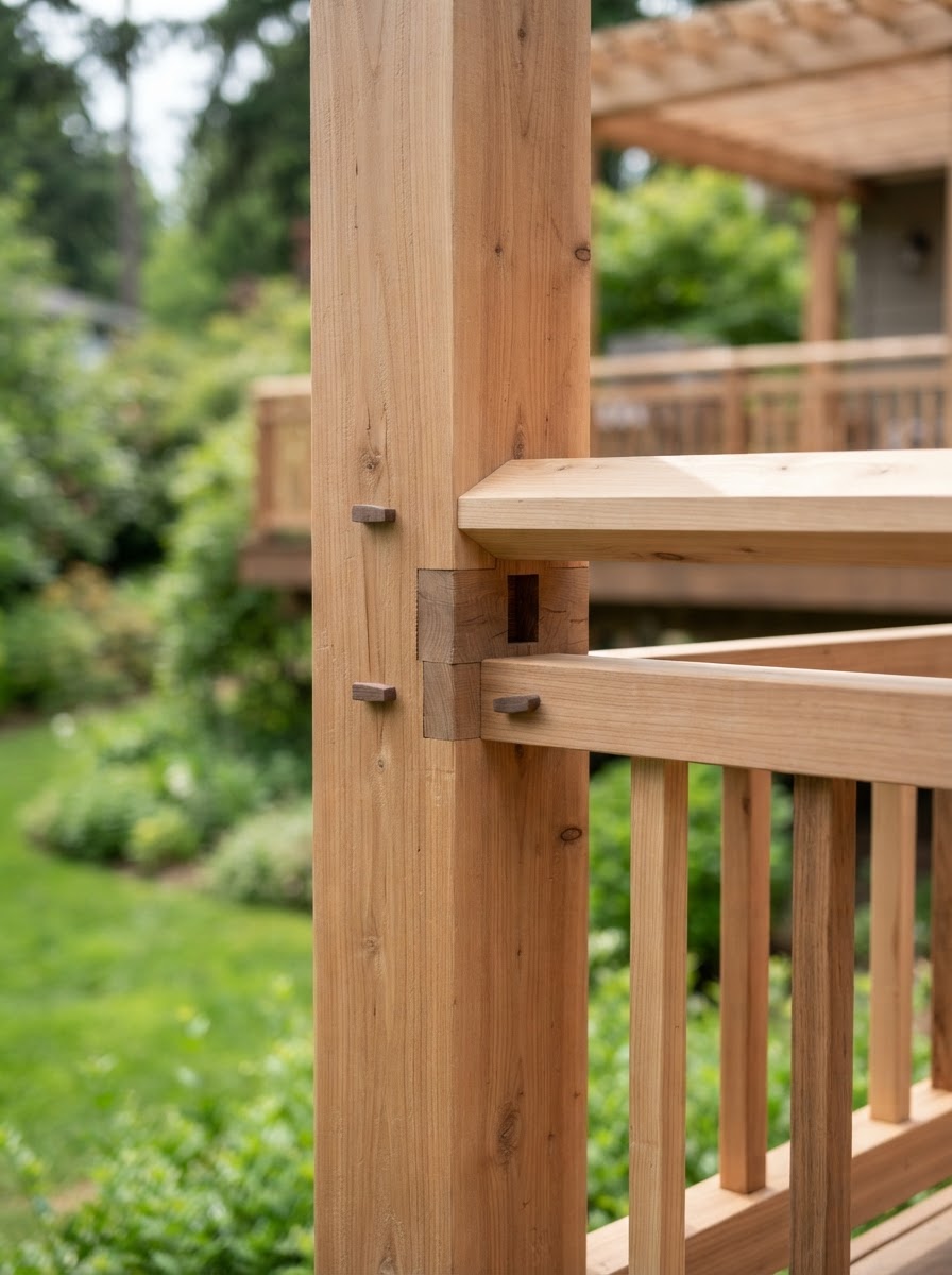 Craftsmanship detail showing precision wood joinery and custom outdoor railing construction