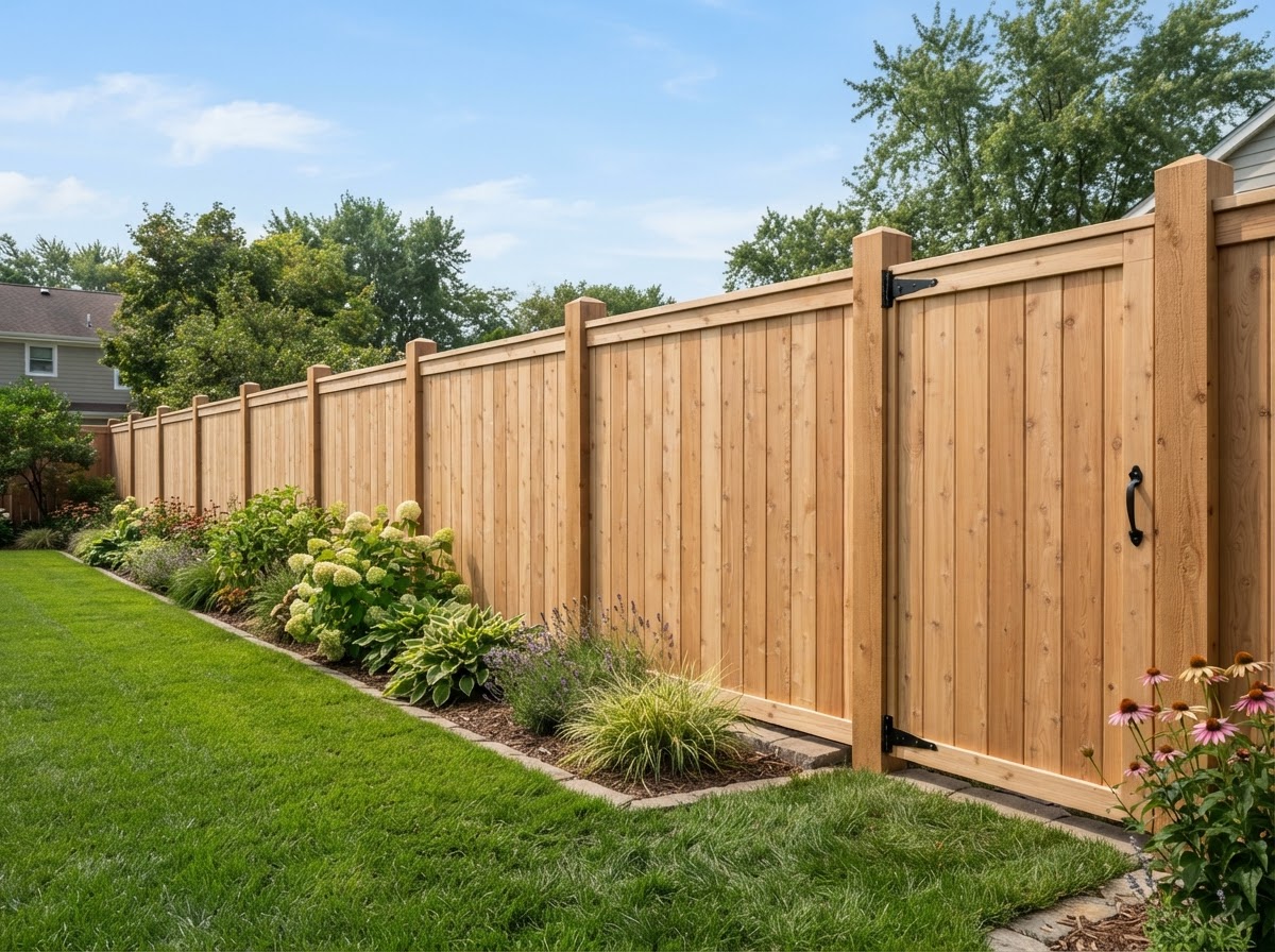 Well-executed wooden privacy fence with clean vertical cedar planks and sturdy posts