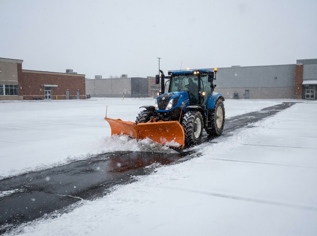 Blue snow-plow tractor with an orange blade clearing a commercial parking lot during light snowfall
