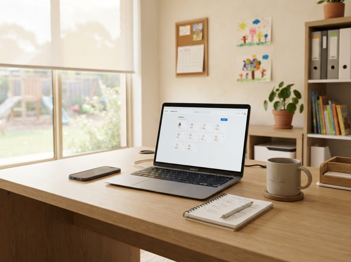 A clean daycare centre admin desk with a laptop and phone for managing parent inquiries