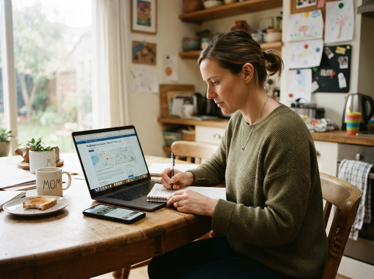 A parent researching daycare centres on a laptop and phone at home