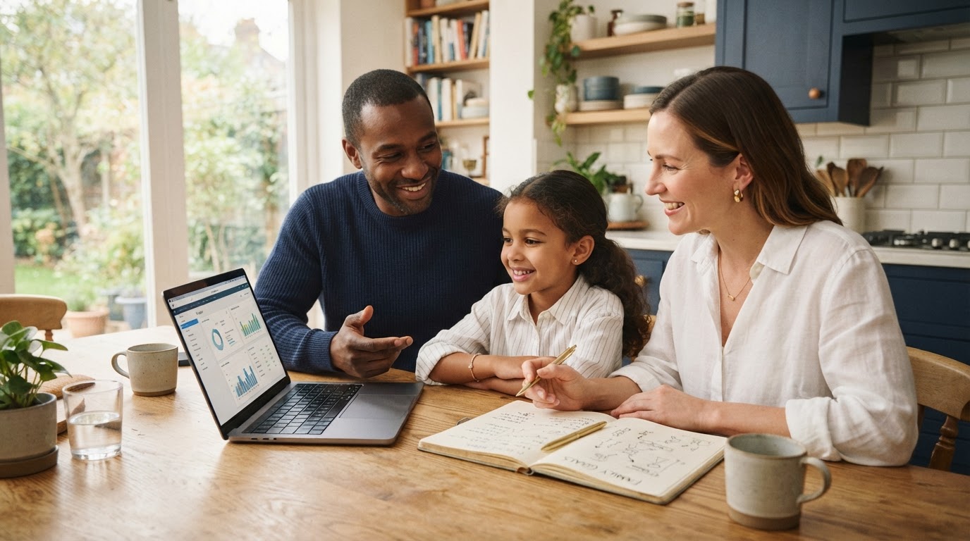 Familia planificando su futuro financiero juntos en casa