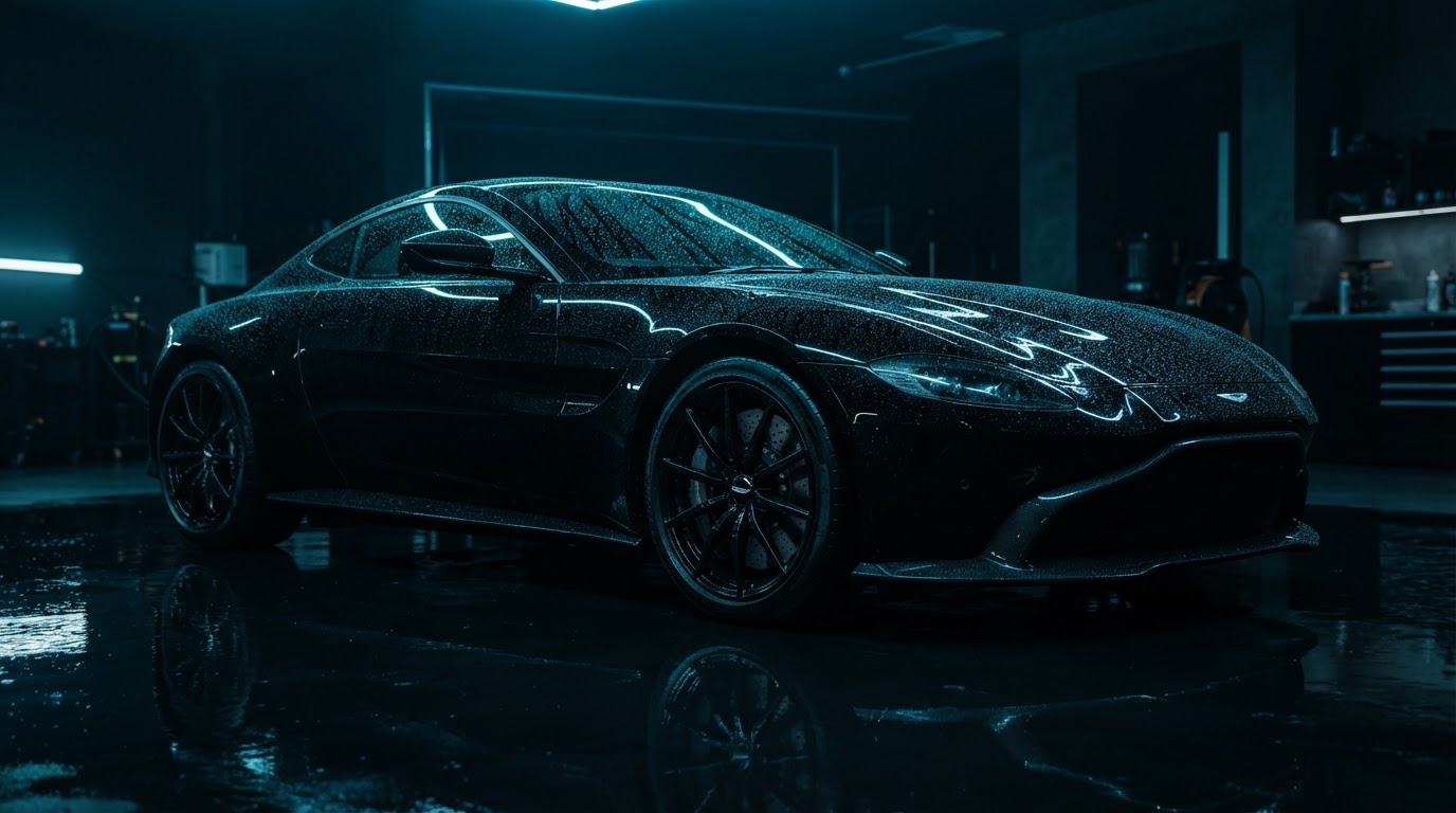 Glossy black luxury car freshly detailed under deep blue studio lighting