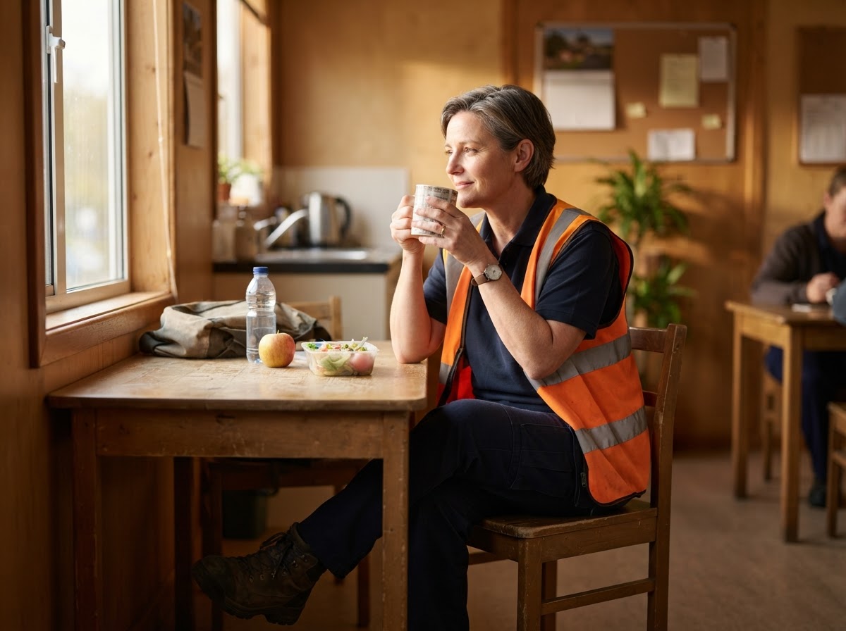 A delivery and postal worker in their late 40s wearing a plain unbranded dark work uniform and unzipped safety vest, taking a quiet restorative break in a warm sunlit room.