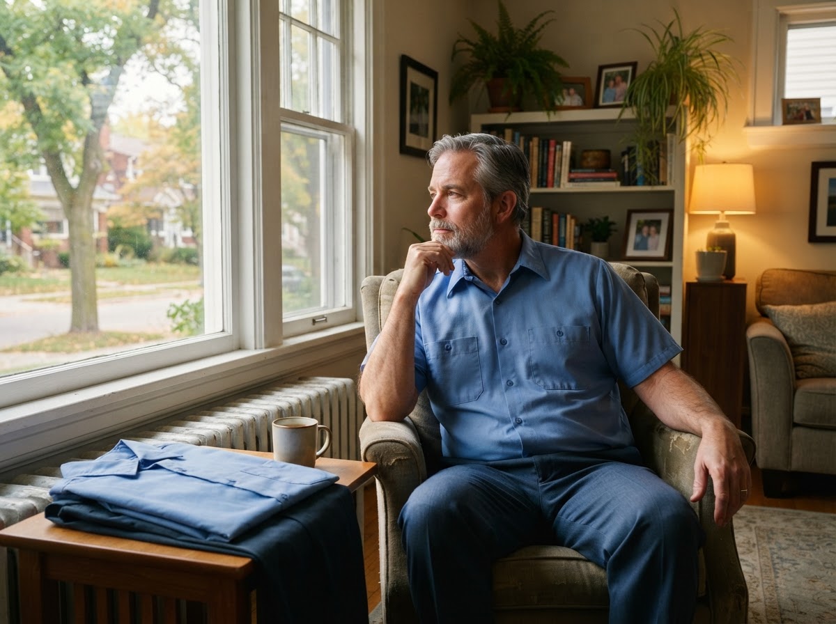 A white male postal clerk in his mid 50s in a plain unbranded uniform sitting in a cozy living room beside his folded uniform, looking contemplatively out a window.