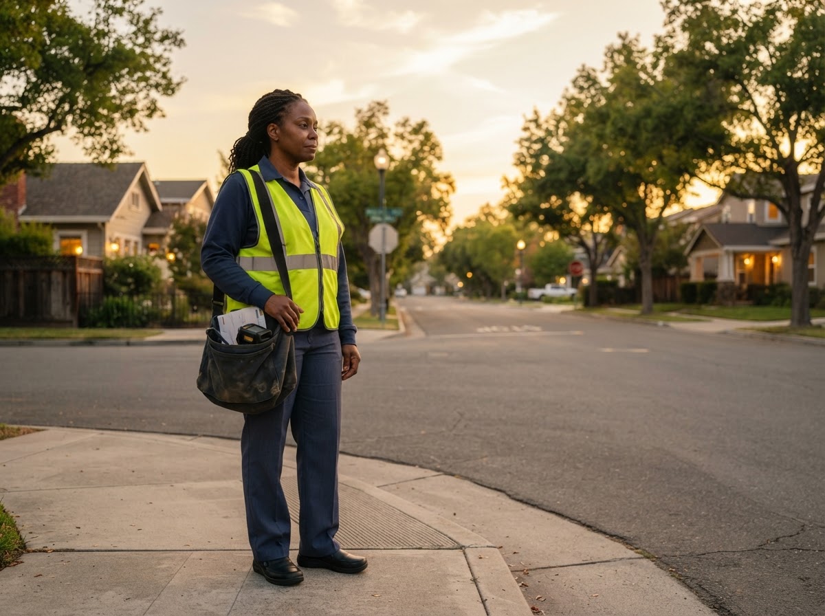 A Black female letter carrier in her late 40s in a plain unbranded dark uniform with a bright neon safety vest, standing at a quiet suburban crossroads at golden hour, looking thoughtfully down an empty street.