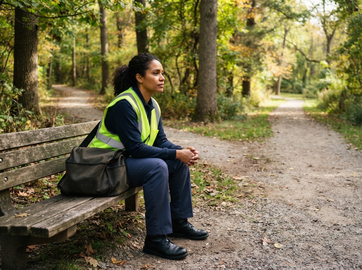 A mixed-race Black and white female letter carrier in her late 30s in a plain unbranded dark uniform with a bright neon high-visibility safety vest, sitting on a park bench, thoughtfully considering two diverging walking paths.