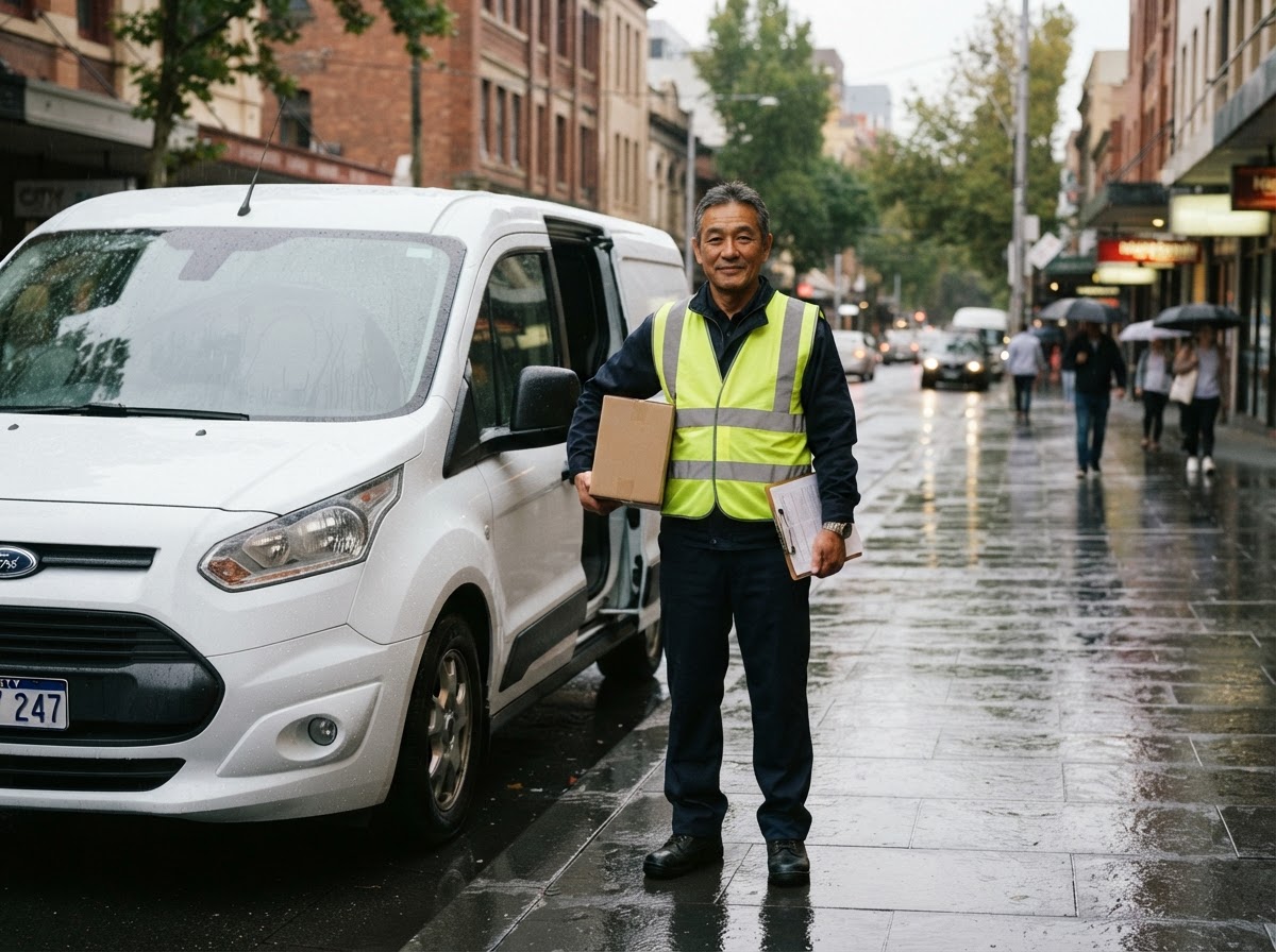 An Asian male delivery driver in his early 50s in a plain unbranded dark uniform with a bright neon high-visibility safety vest, standing calmly beside a plain unbranded white van on a wet city street after a sudden downpour.
