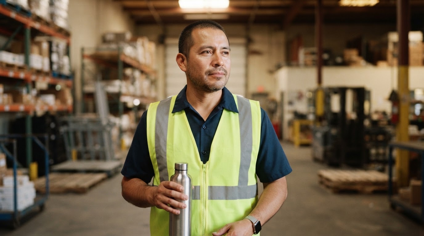 A Hispanic male logistics and facility worker in his early 40s wearing a completely plain unbranded dark navy uniform and unbranded reflective safety vest, reflecting thoughtfully during a quiet moment.