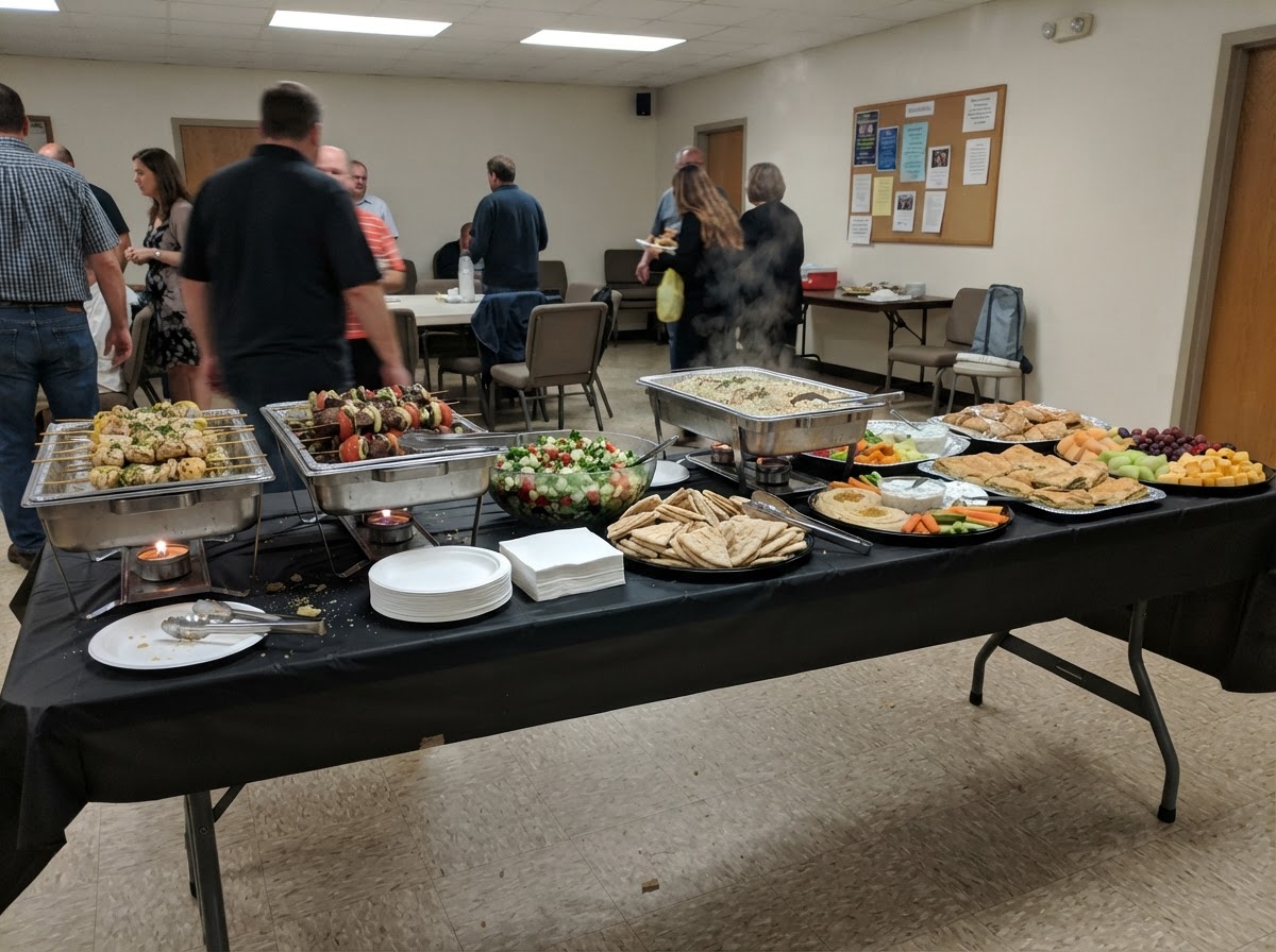 Nonprofit fundraiser dinner in a community hall with chafing dishes of lemon herb chicken kabobs, beef kabobs, Greek salad, pita, basmati rice pilaf and veggie platter with hummus on folding tables