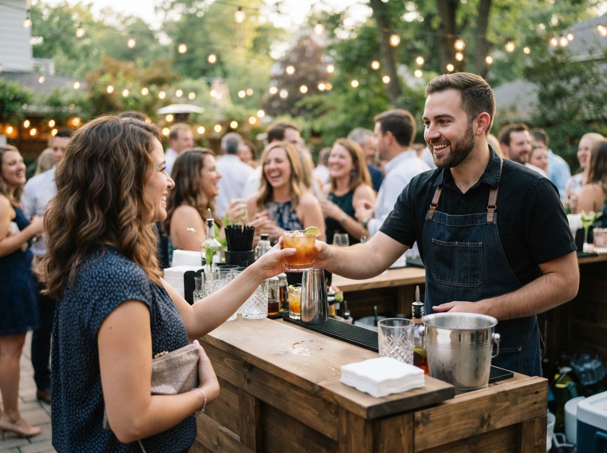 Bartender at a portable event bar handing a drink to a guest at an outdoor patio party