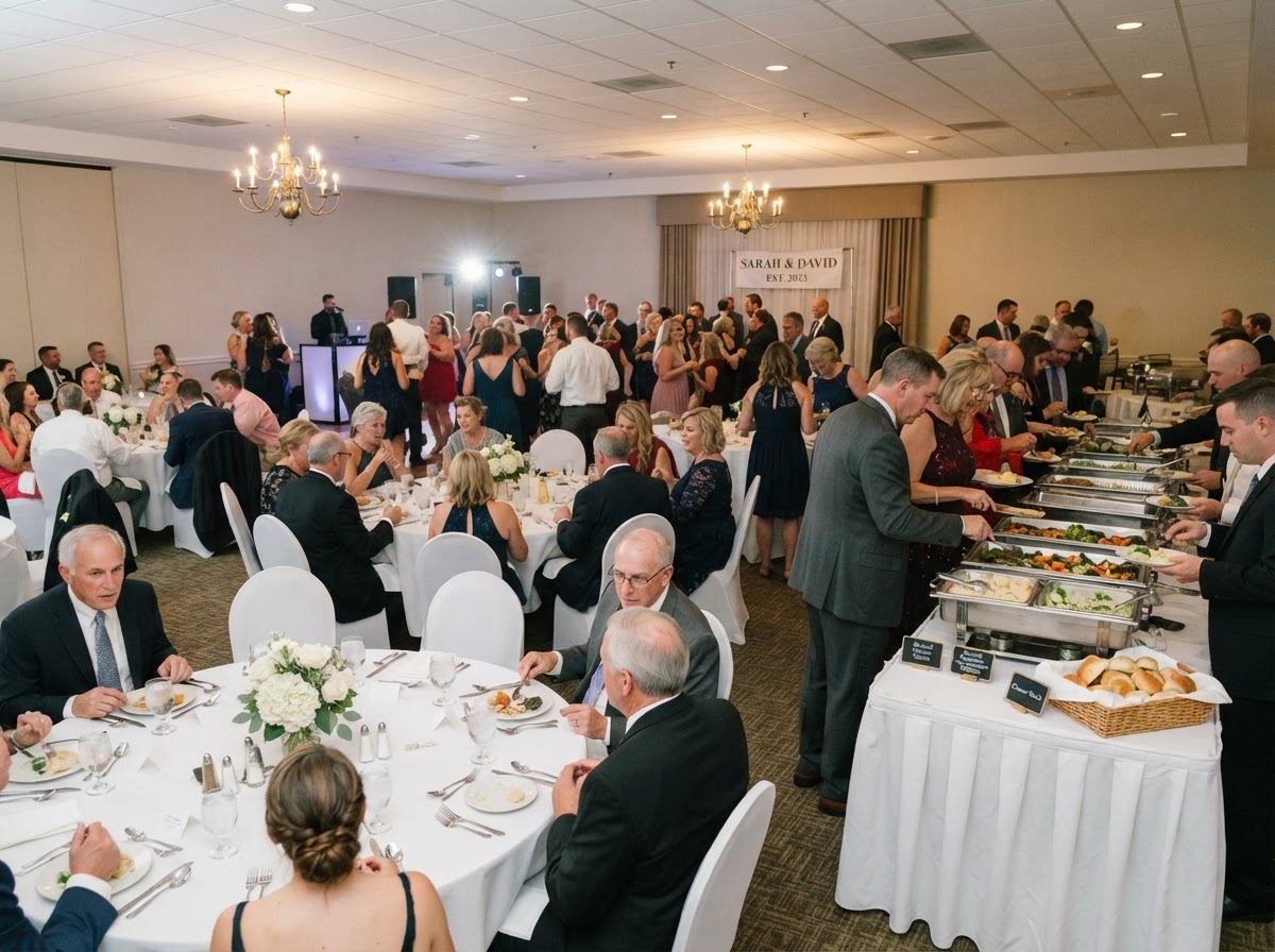 Wedding reception in a banquet hall: buffet line with braised chicken breast, roasted vegetables, roasted garlic mashed potatoes, Caesar salad and dinner rolls at round guest tables
