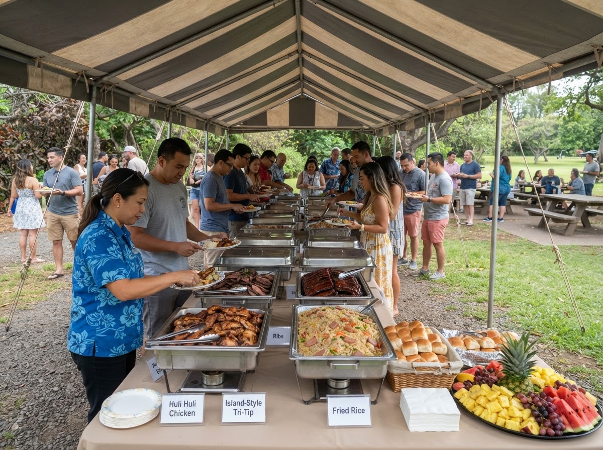Casual summer company picnic outdoors under a canopy: buffet with Huli Huli chicken, island-style tri-tip, baby back ribs, island fried rice, Hawaiian sweet rolls and pineapple