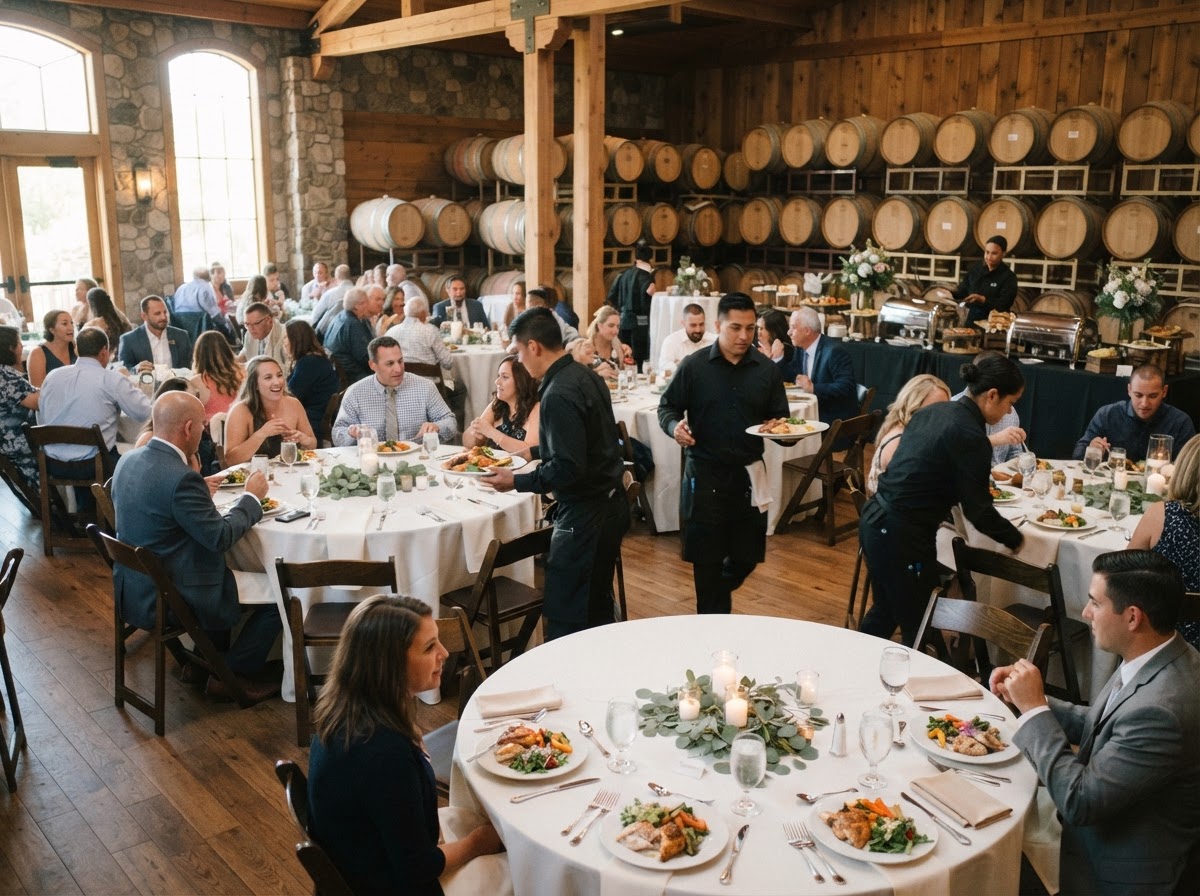 Lively wedding reception in progress inside an indoor Temecula winery barrel room with wood beams and wine barrels, round tables with white linens and greenery, guests seated and mingling, servers carrying plated dinners, and a buffet and appetizer station along one side