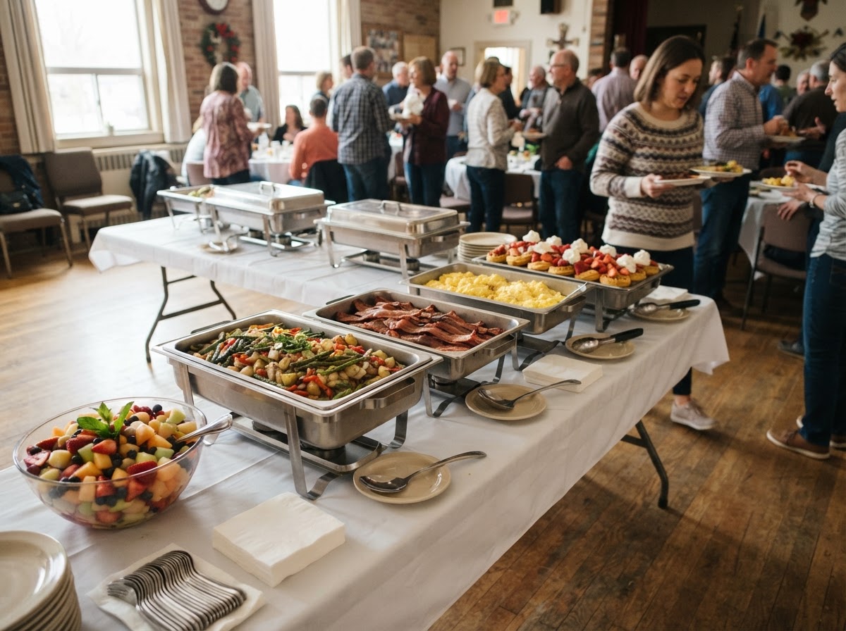 Brunch buffet on white linen tables at a community hall: fruit salad with mint, asparagus and red pepper hash in a chafer, smoked bacon, egg scramble, and mini cornbread waffles with strawberries and whipped cream