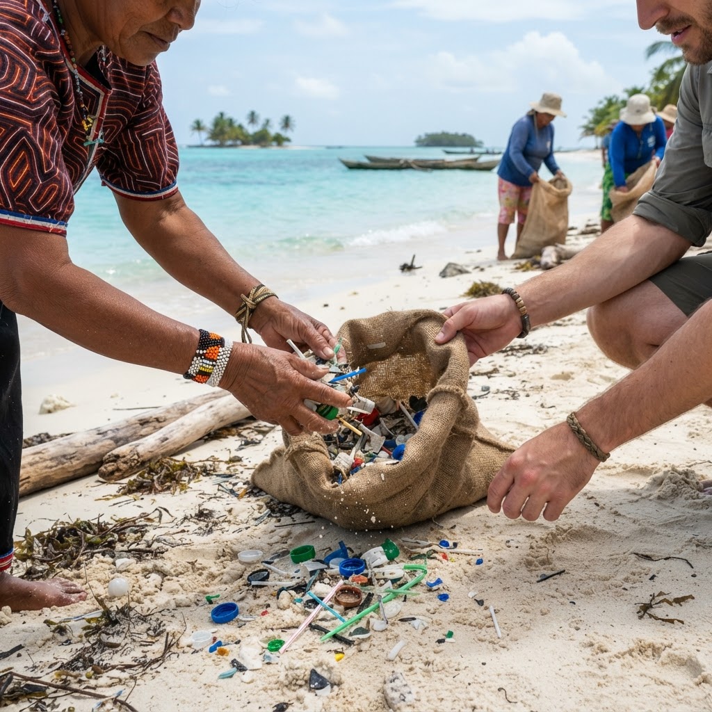 A beach cleanup on a remote Caribbean island