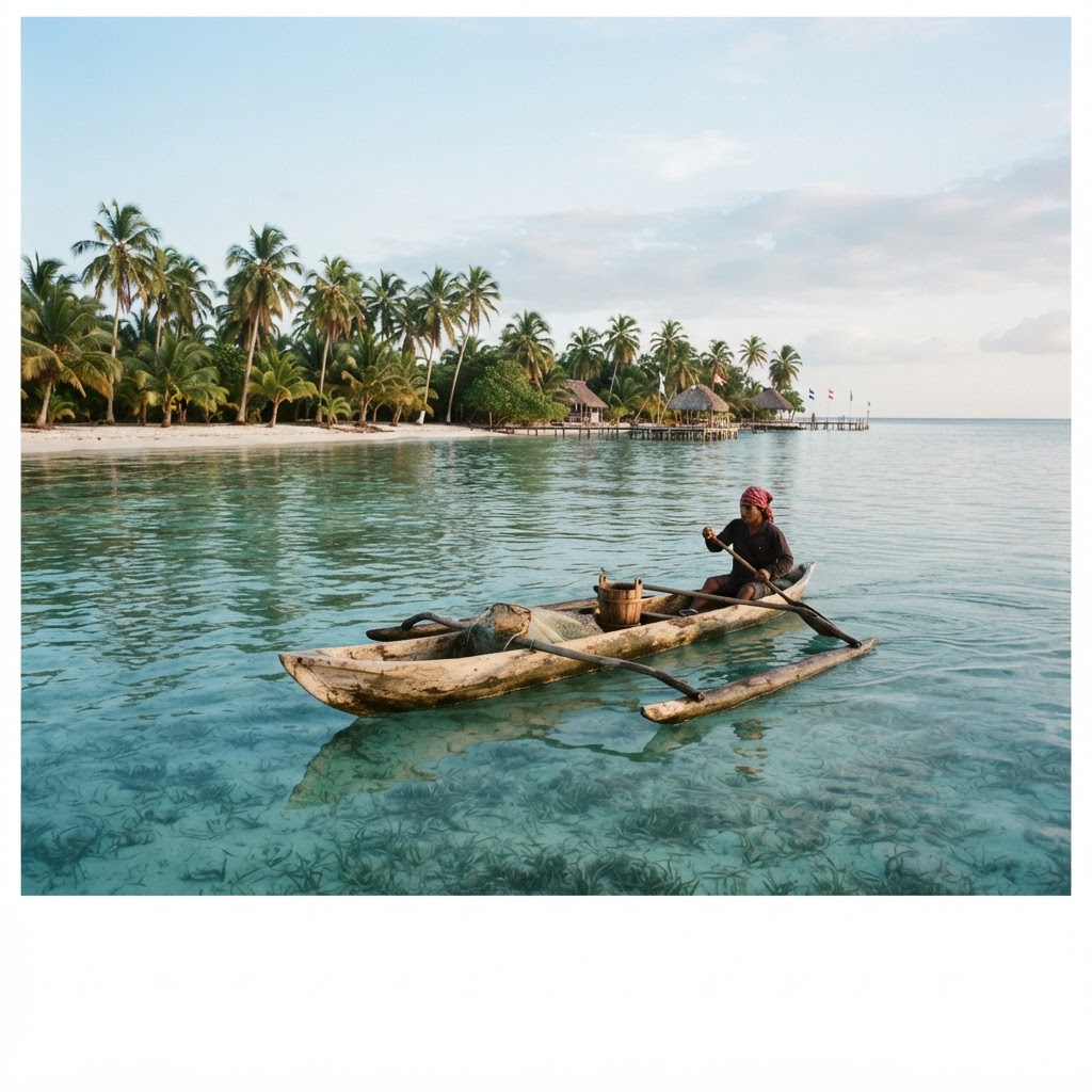 A palm-fringed island and dugout canoe in Guna Yala, Panama