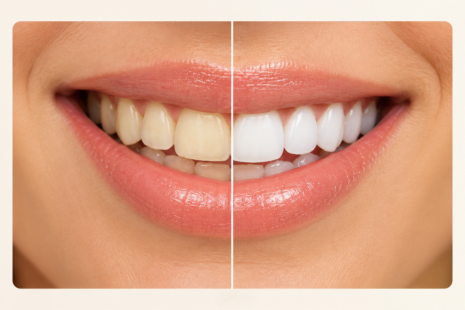 Close-up comparison showing teeth whitening transformation over four treatments