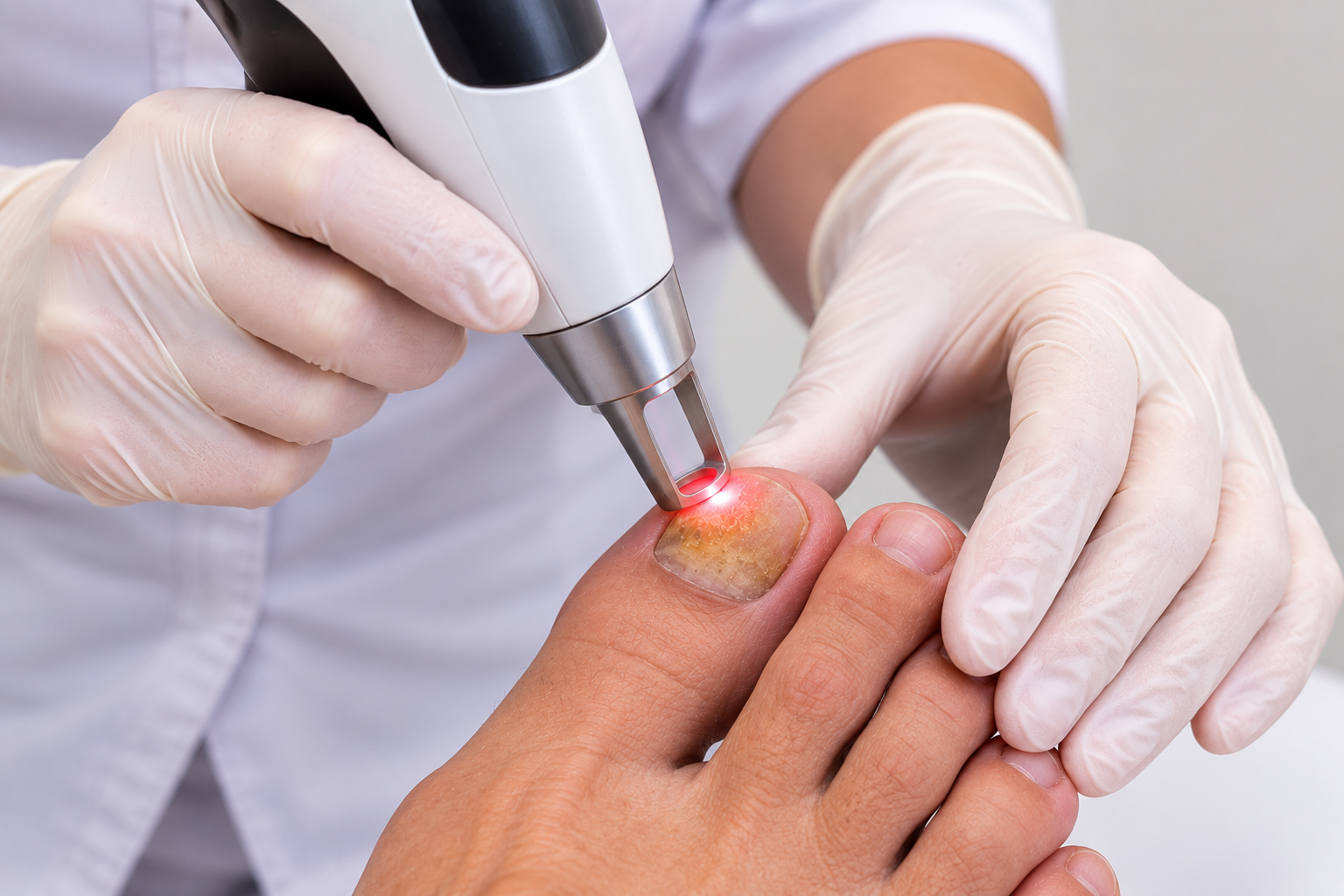 Laser toenail fungus treatment with laser handpiece targeting affected toenail