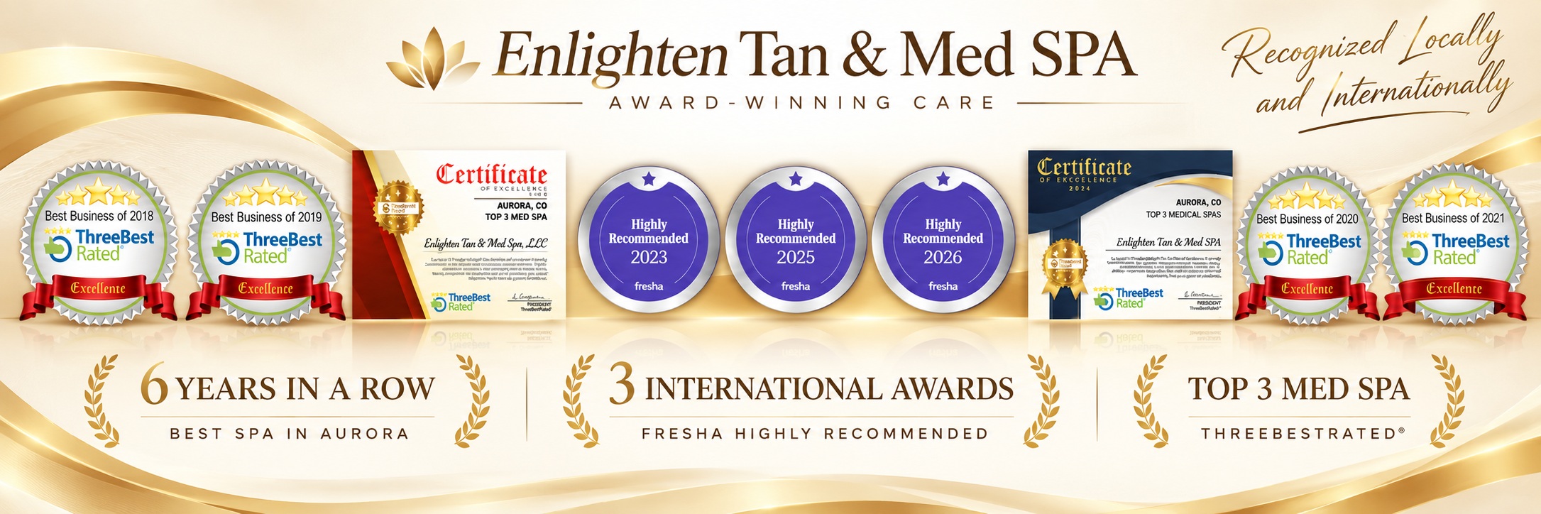 Enlighten Med SPA & TAN Award-Winning Care — 6 Years in a Row Best Spa in Aurora, 3 International Fresha Awards, Top 3 Med Spa ThreeBestRated