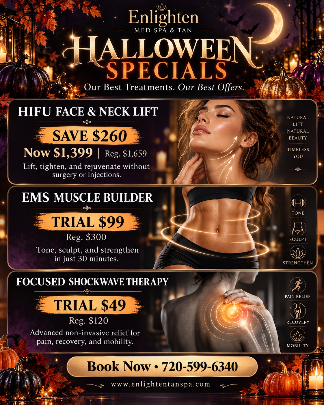 Enlighten Med SPA & TAN Halloween Specials: HIFU Face & Neck Lift Save $260 ($1,399), EMS Muscle Builder Trial $99, Focused Shockwave Therapy Trial $49