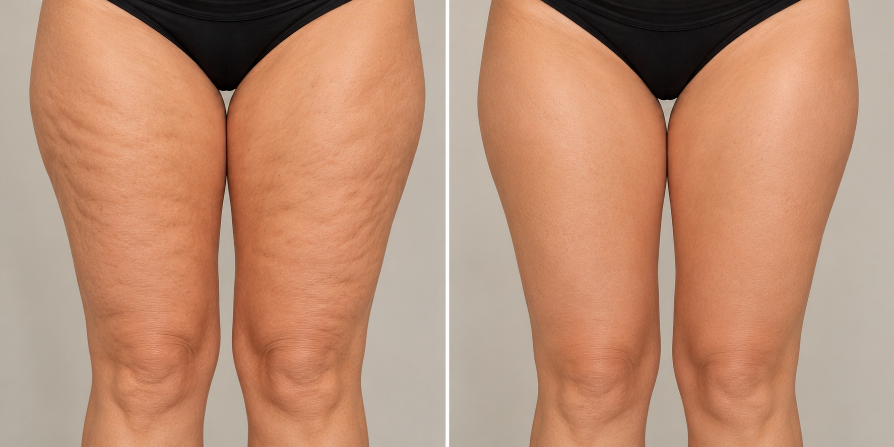 Thigh Firming & Smoother Skin Before & After: comparison showing dimpling and uneven texture improved to smoother, firmer-looking thighs