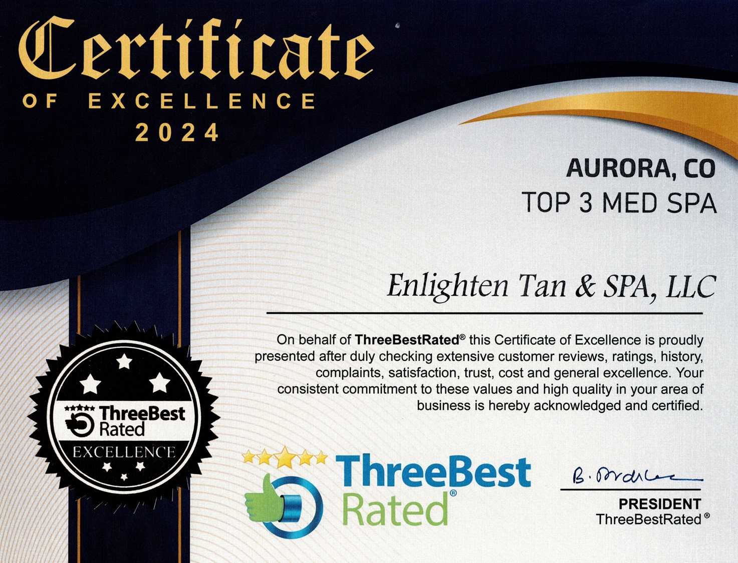 ThreeBestRated 2024 Certificate of Excellence — Top 3 Med Spa Aurora CO