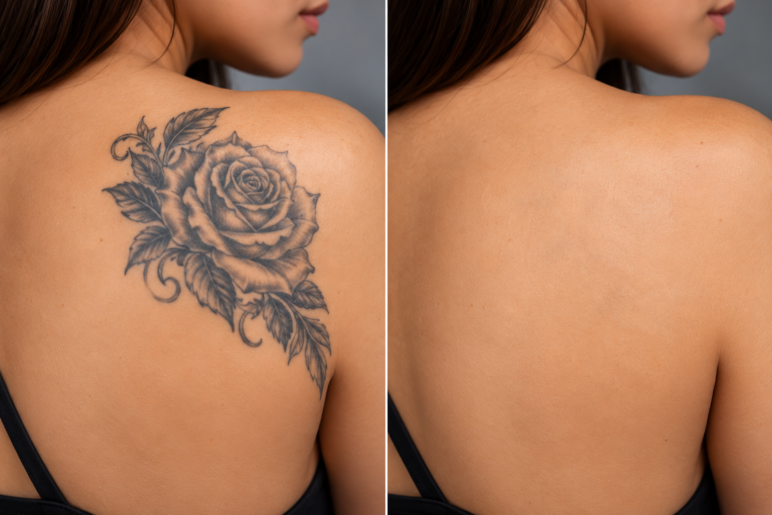 Black ink tattoo removal on shoulder before and after comparison