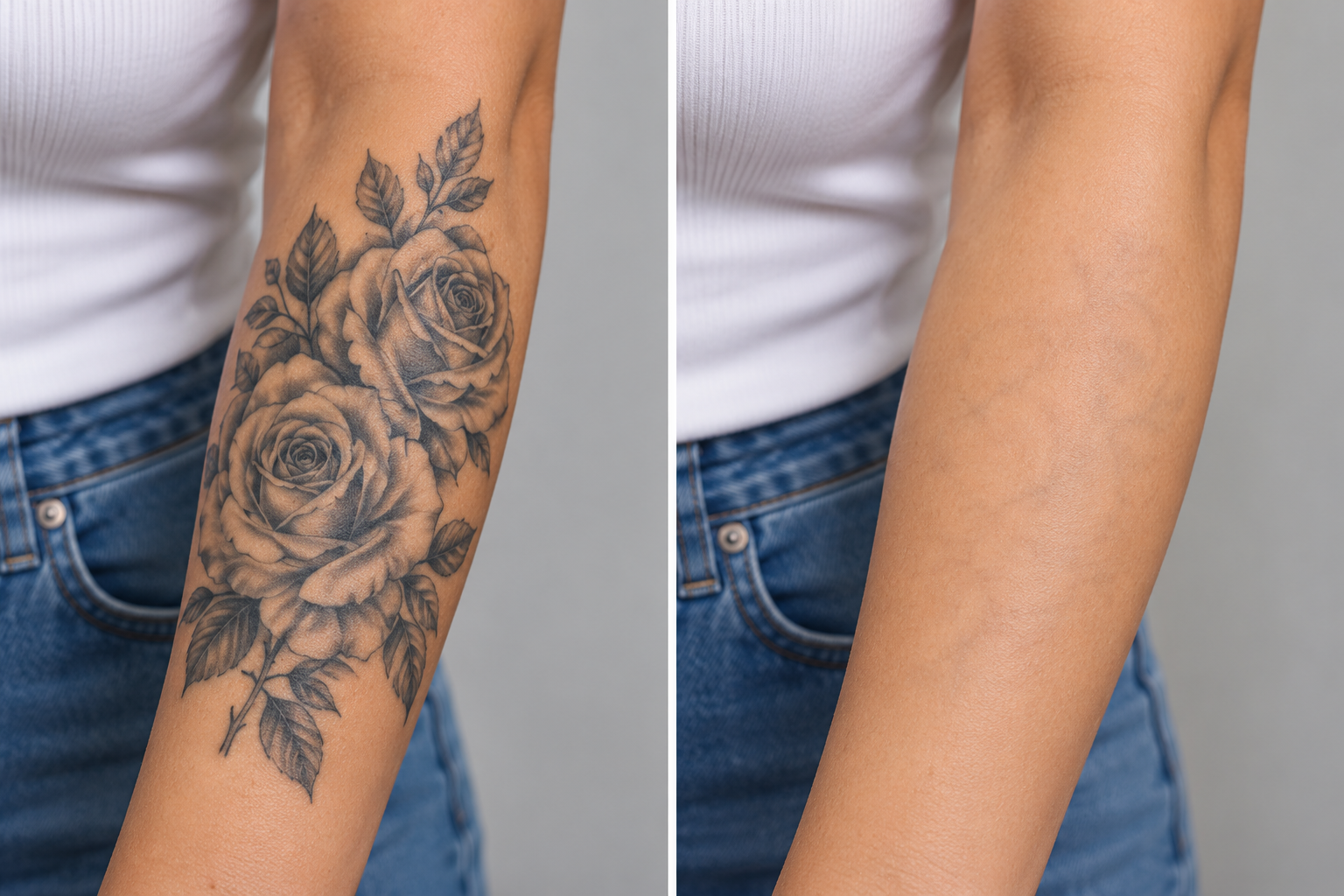 Black and gray floral tattoo removal on forearm before and after comparison
