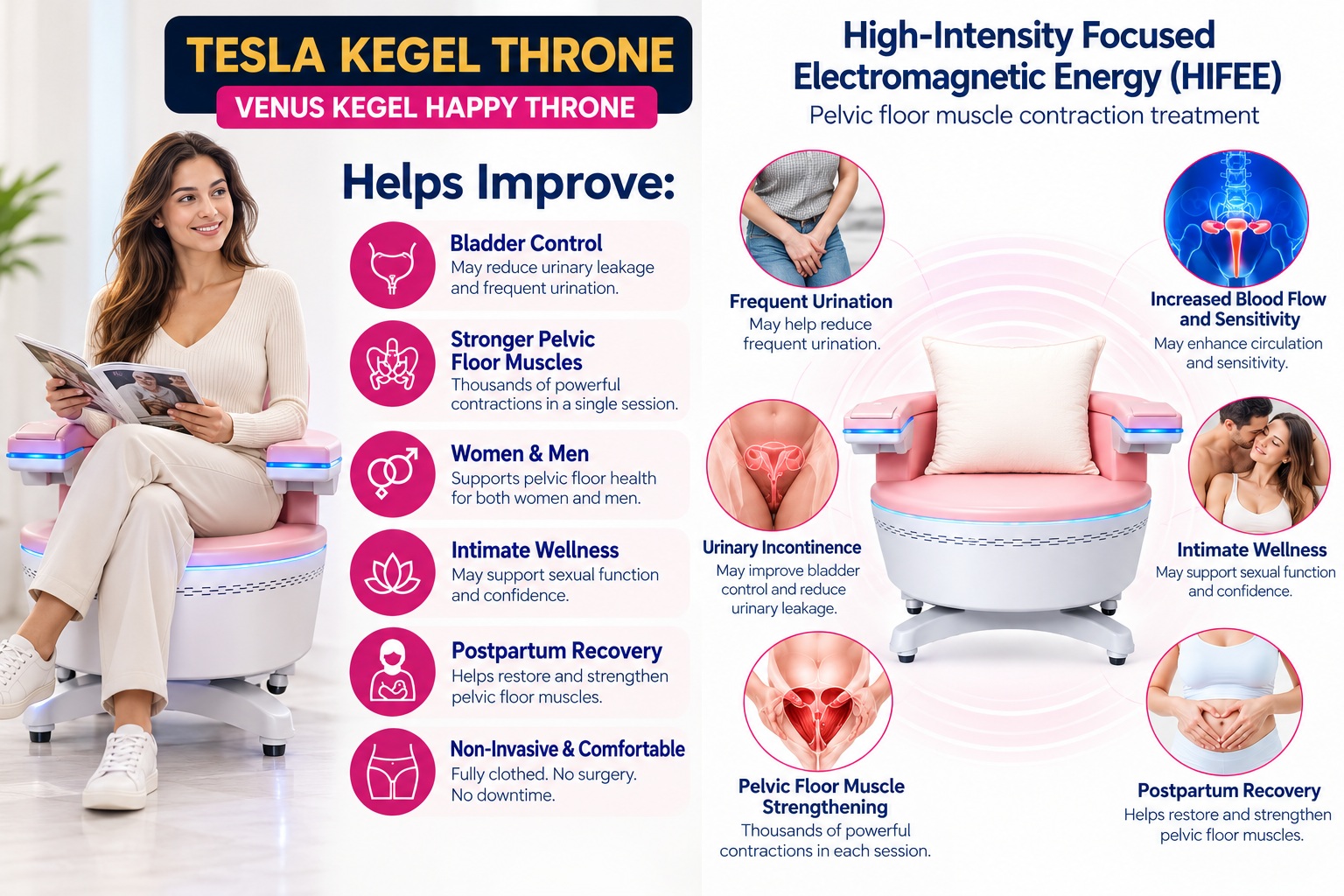 Venus Kegel Happy Throne pelvic floor strengthening benefits infographic showing a woman seated on the chair