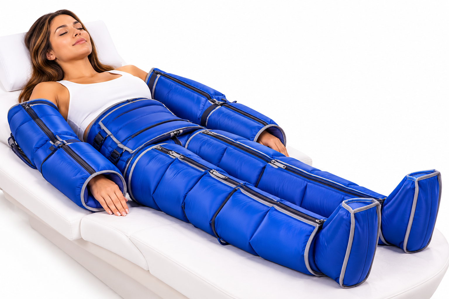 Full-body pressotherapy air pressure massage treatment with blue compression suit on arms, abdomen, and legs