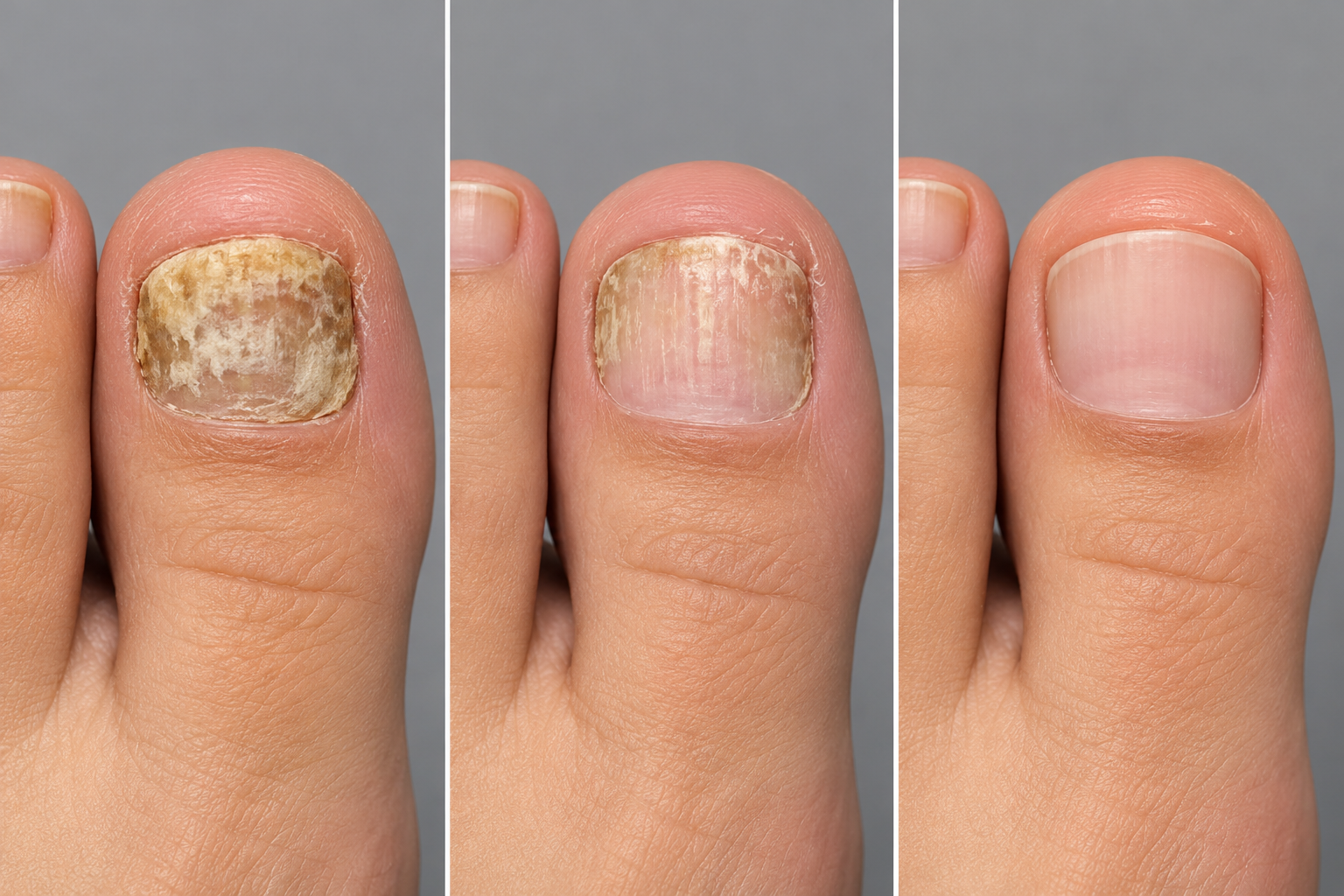 Three-stage progressive clearing of big toenail fungus from thickened discolored nail to clear healthy regrowth