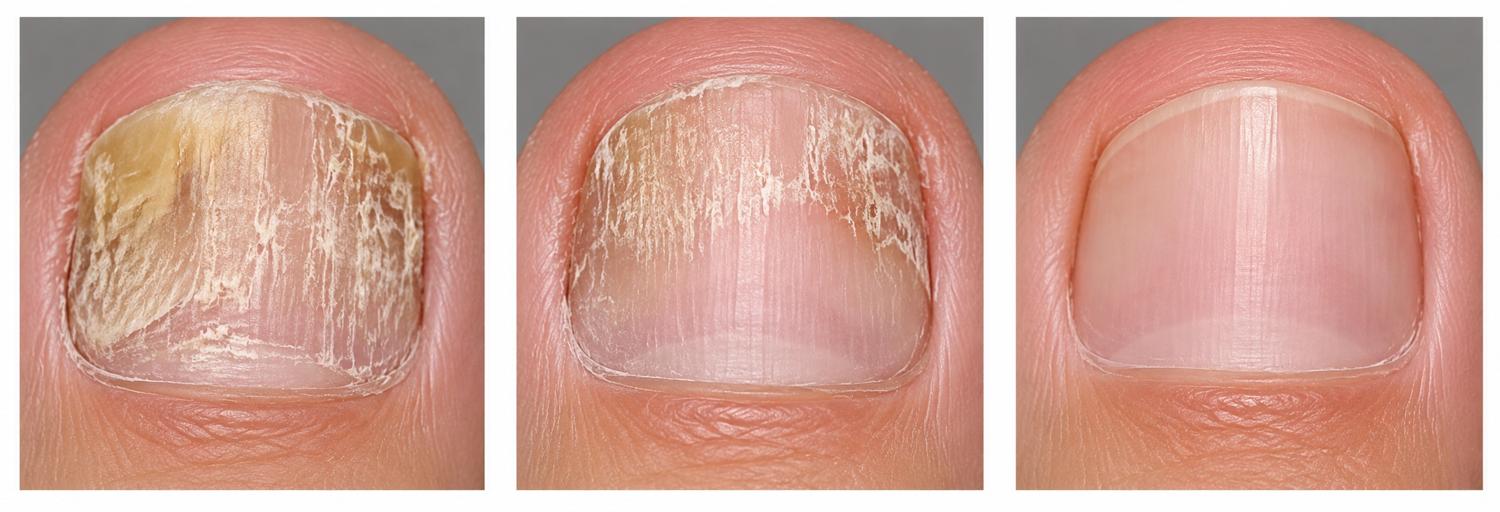 Three-stage progressive clearing of toenail fungus to clear healthy nail