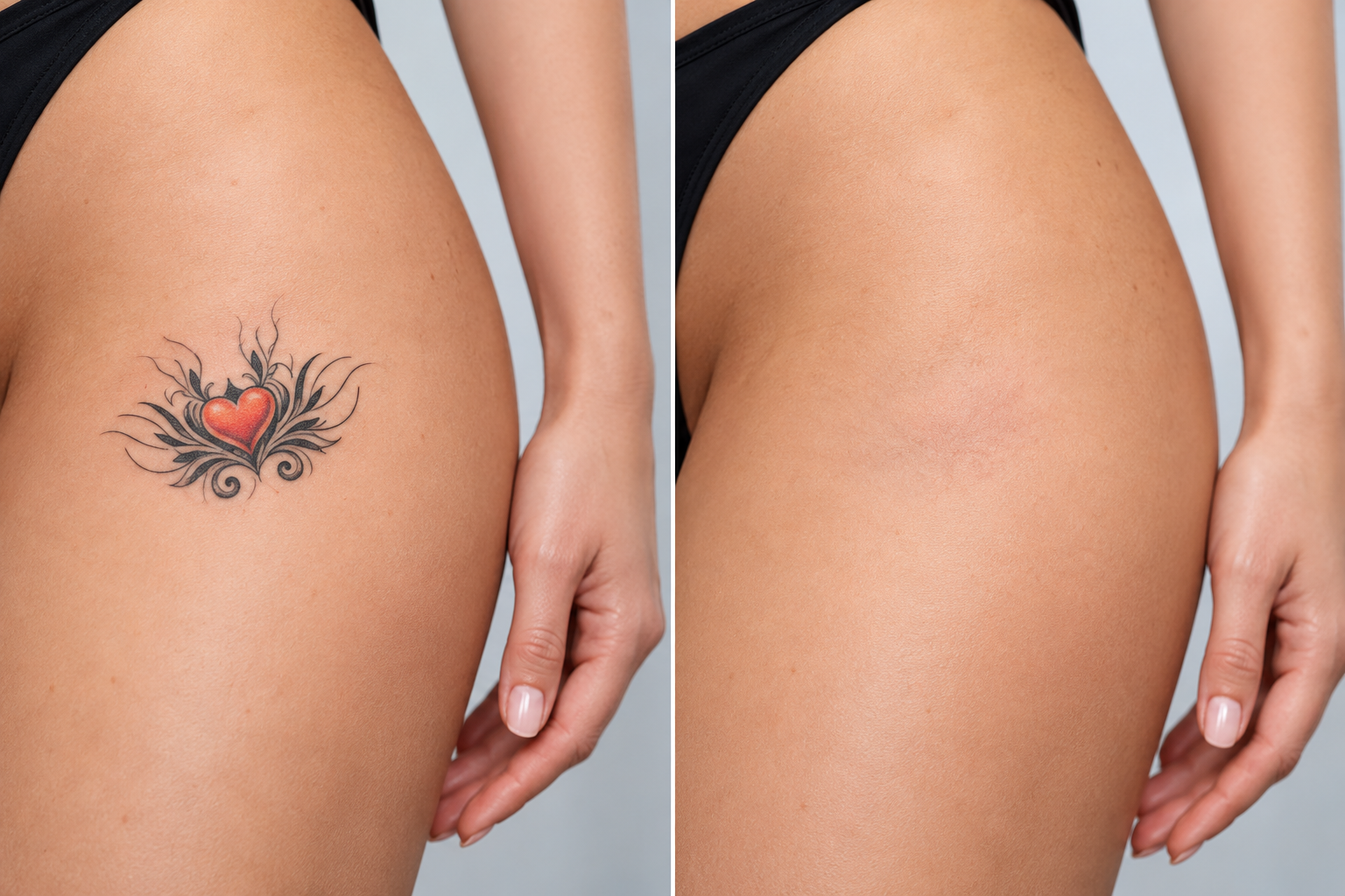 Color tattoo removal on upper thigh before and after comparison