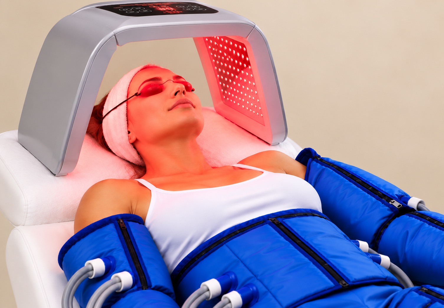 Photon LED face therapy treatment combined with full-body air-pressure compression massage