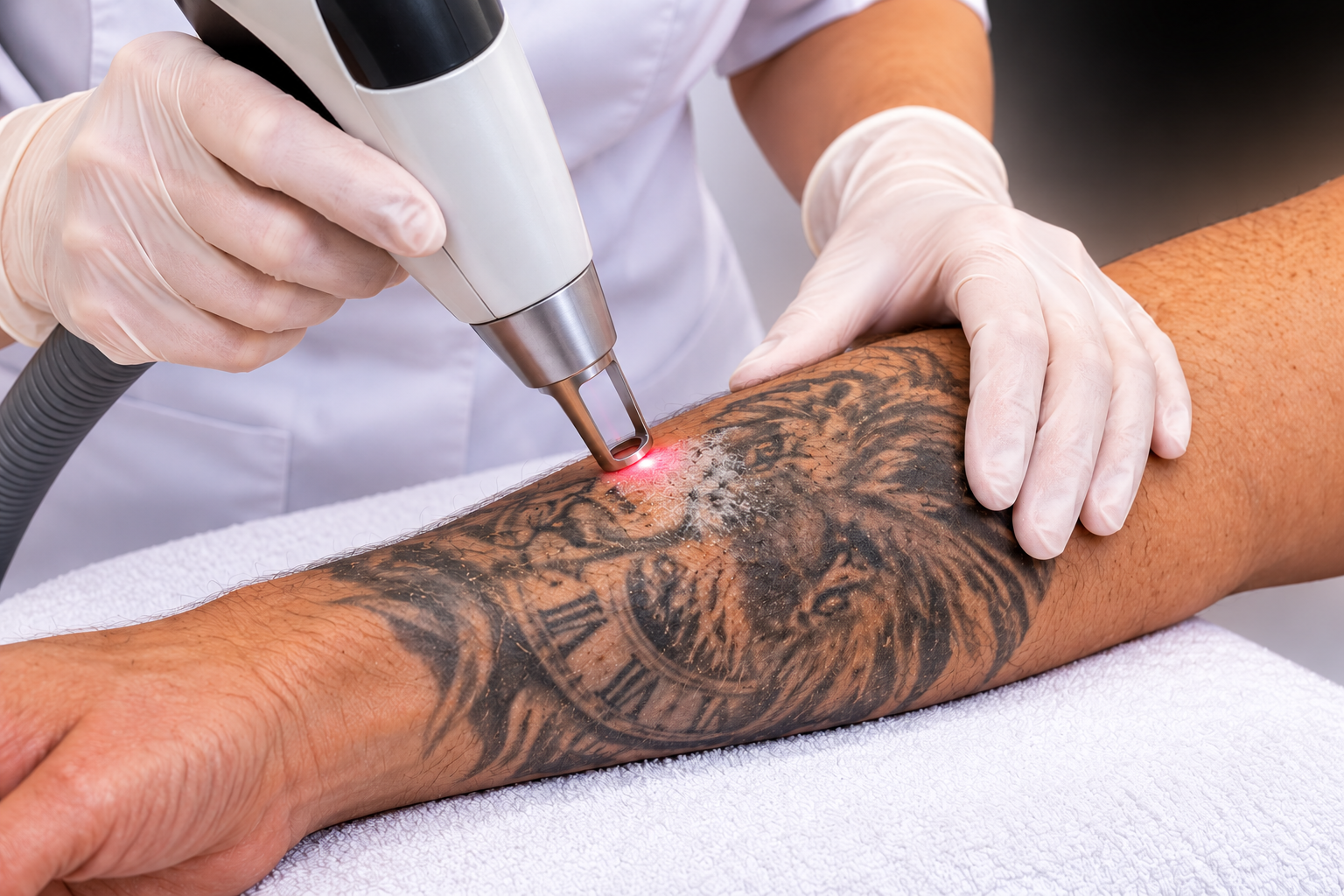 Professional laser tattoo removal treatment performed on forearm tattoo