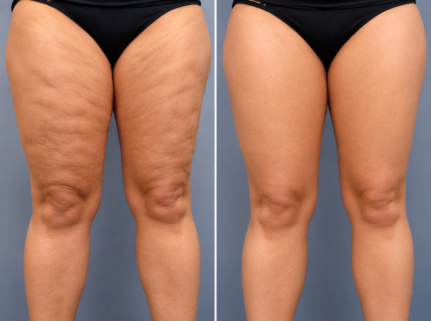 Thigh and Cellulite Reduction before and after comparison showing legs and hips