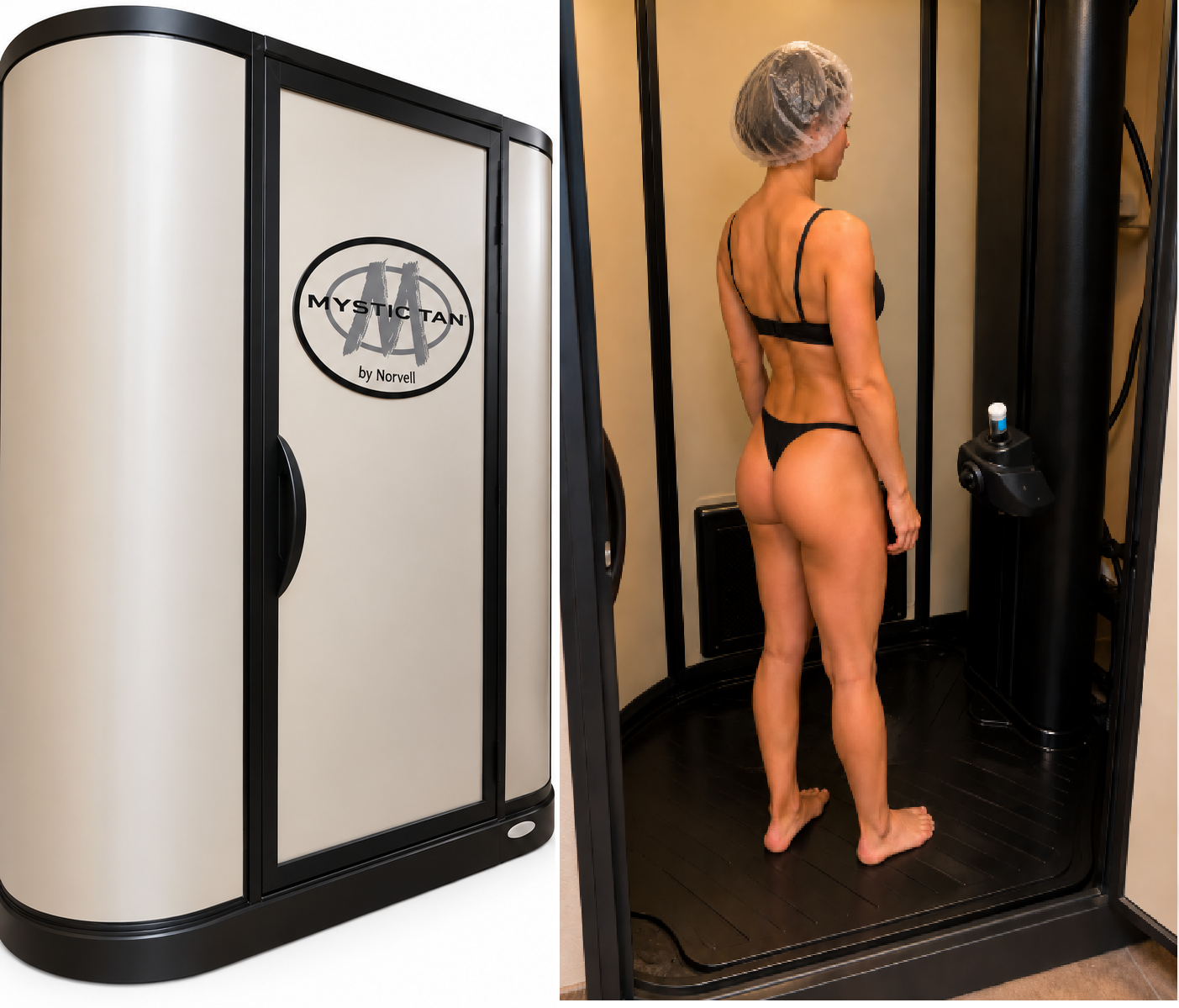 Woman in automated spray tanning booth with tanning mist applicator