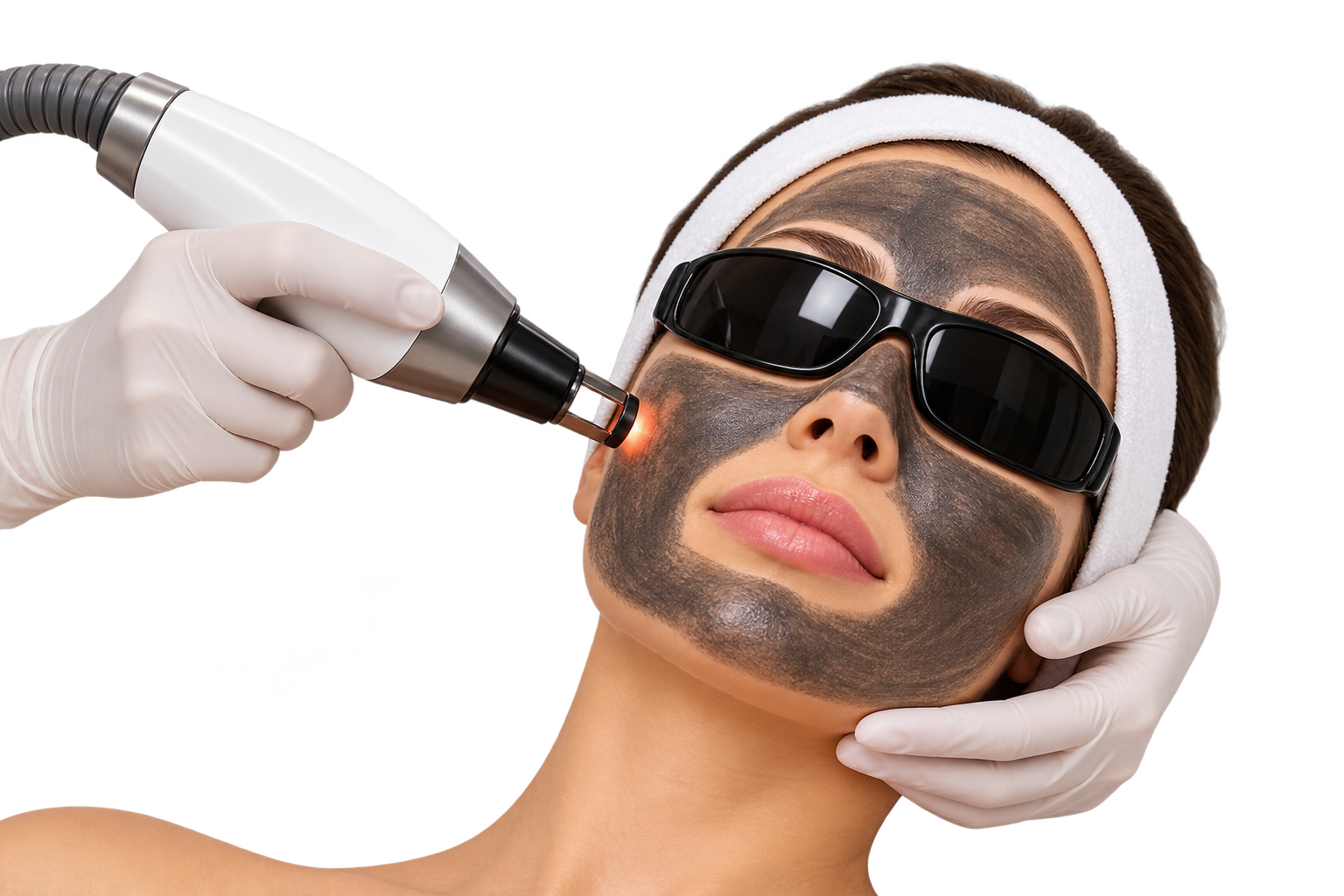 Carbon Laser Facial treatment with laser handpiece and carbon mask