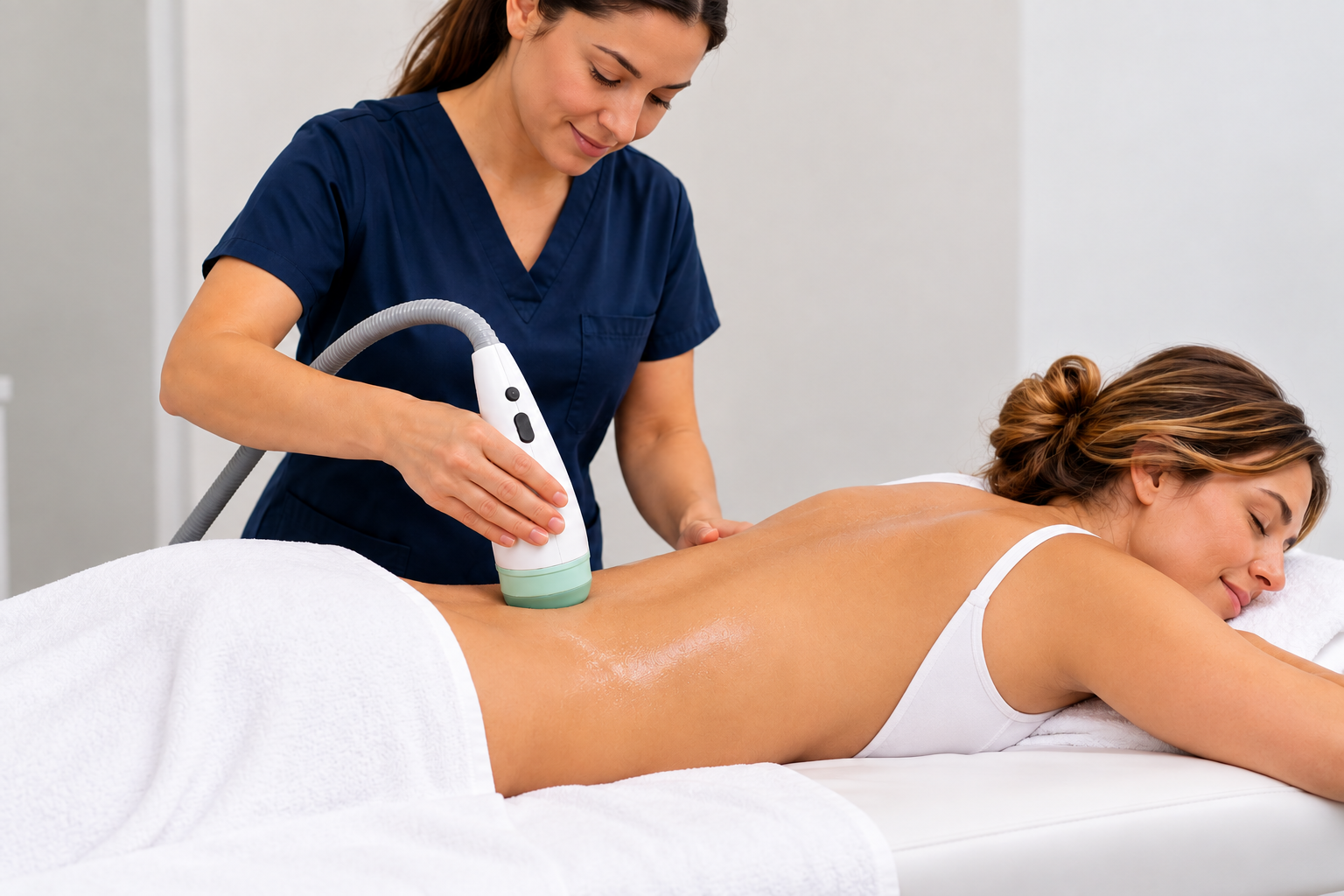 Focused shockwave therapy treatment on back with acoustic wave handpiece