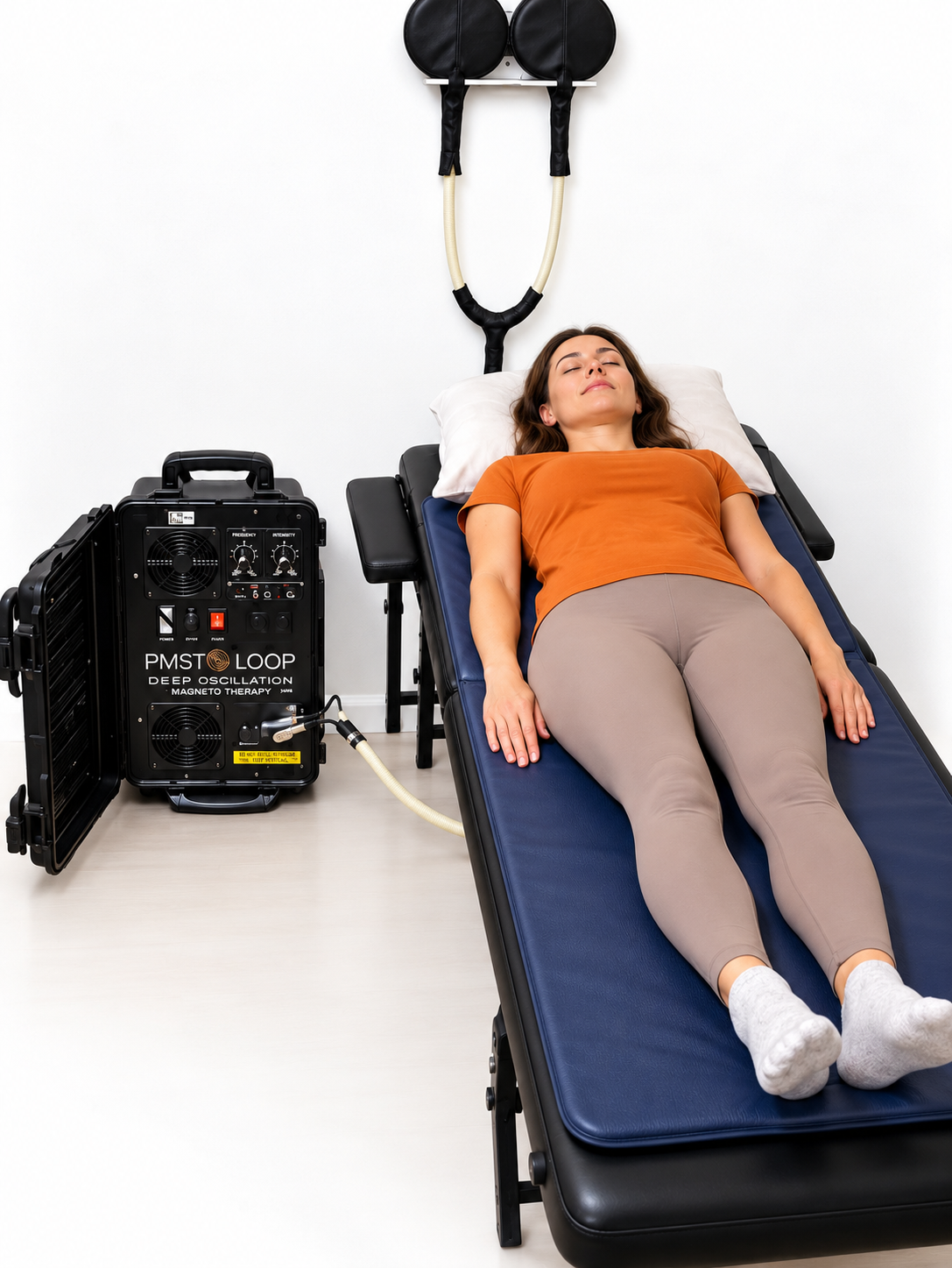 PEMF therapy session with client on treatment table, black PMST Loop control machine, and applicator loop