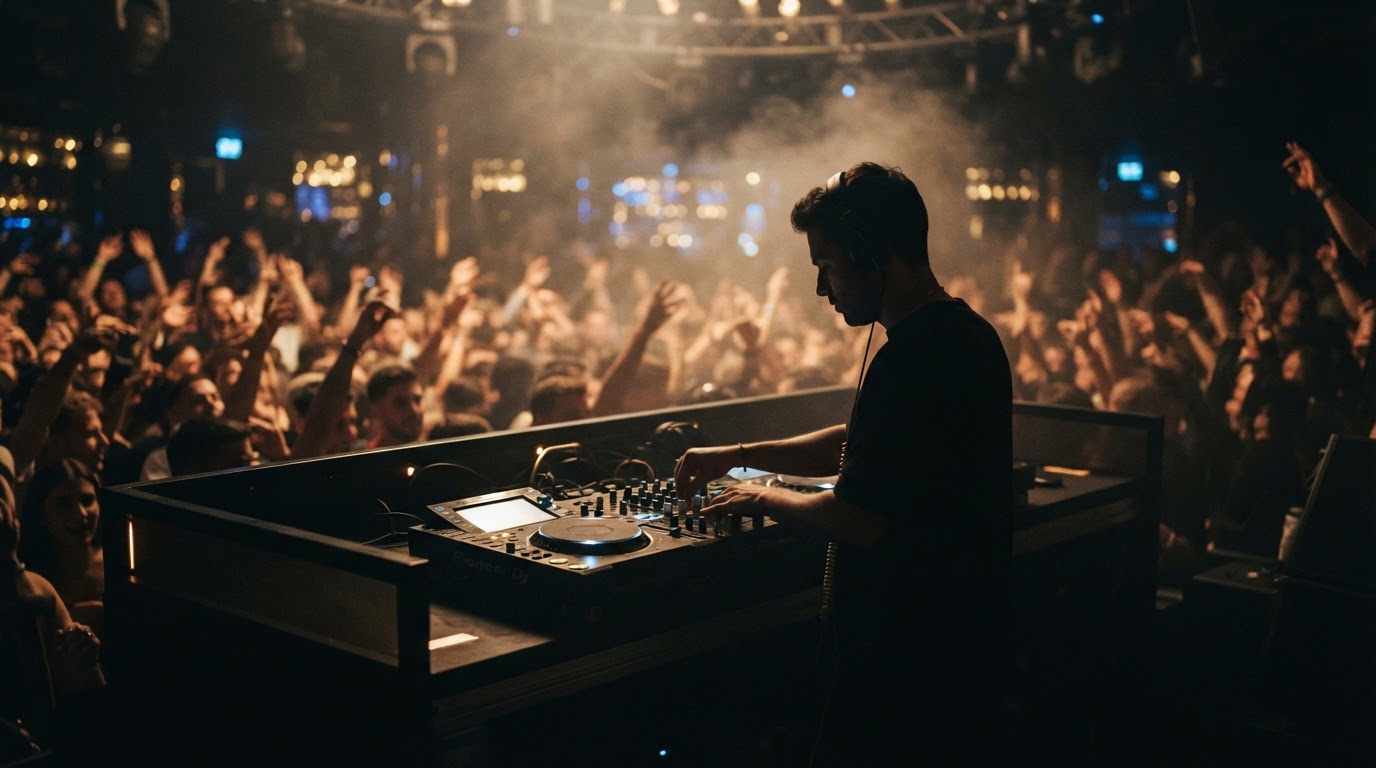 DJ Watus behind the booth at an upscale event
