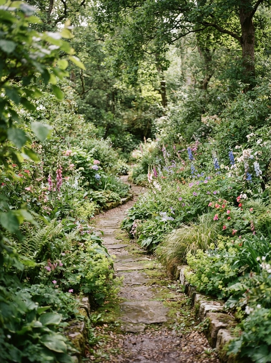 Gartenweg mit grüner Bepflanzung und geschnittenen Hecken